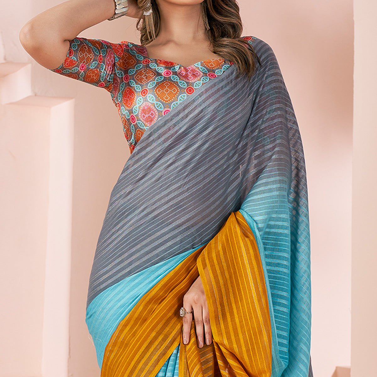 Multicolor Woven Linen Saree With Tassels