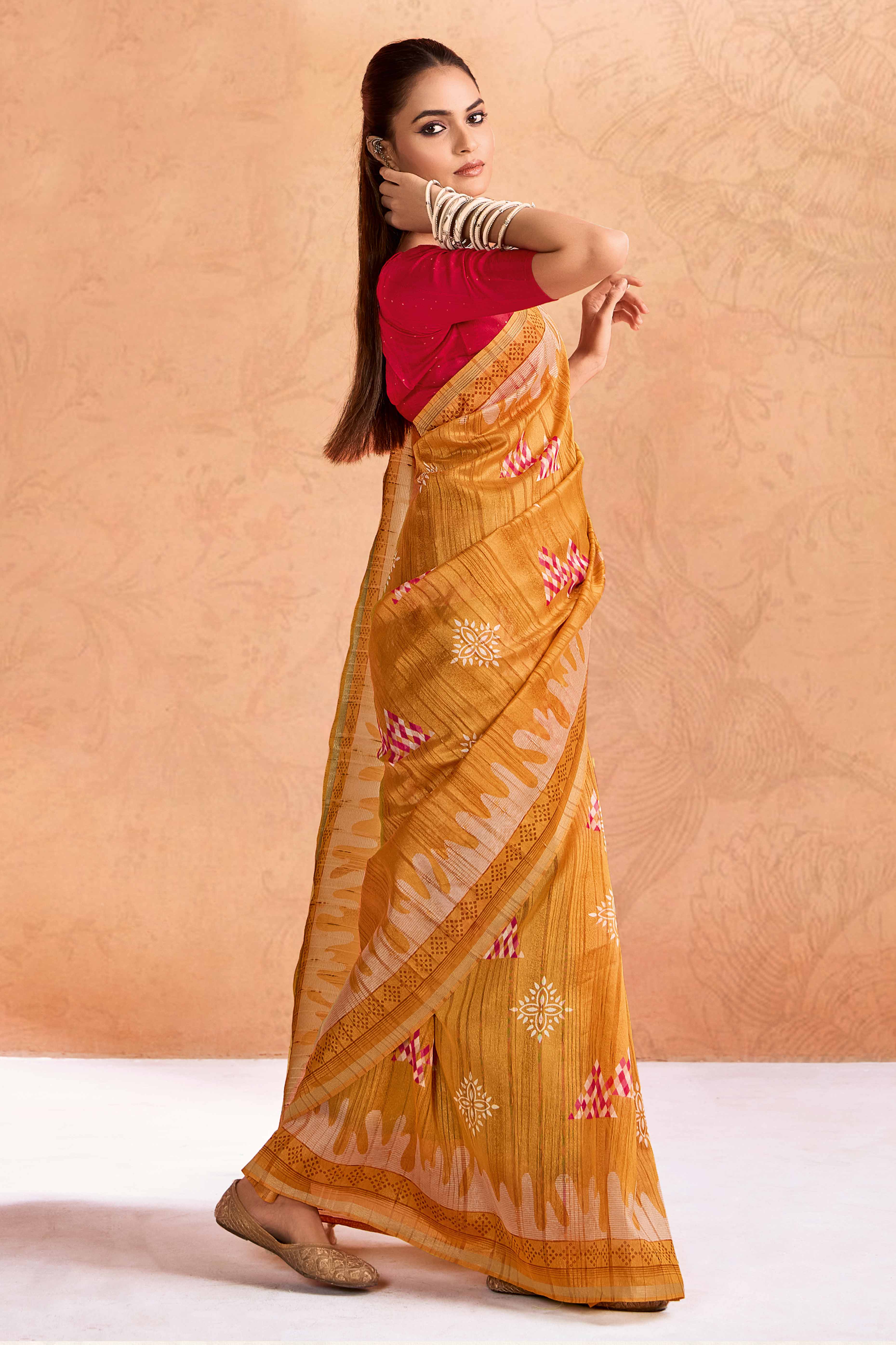 Light Brown Silk Blend Saree with Bold Abstract Print