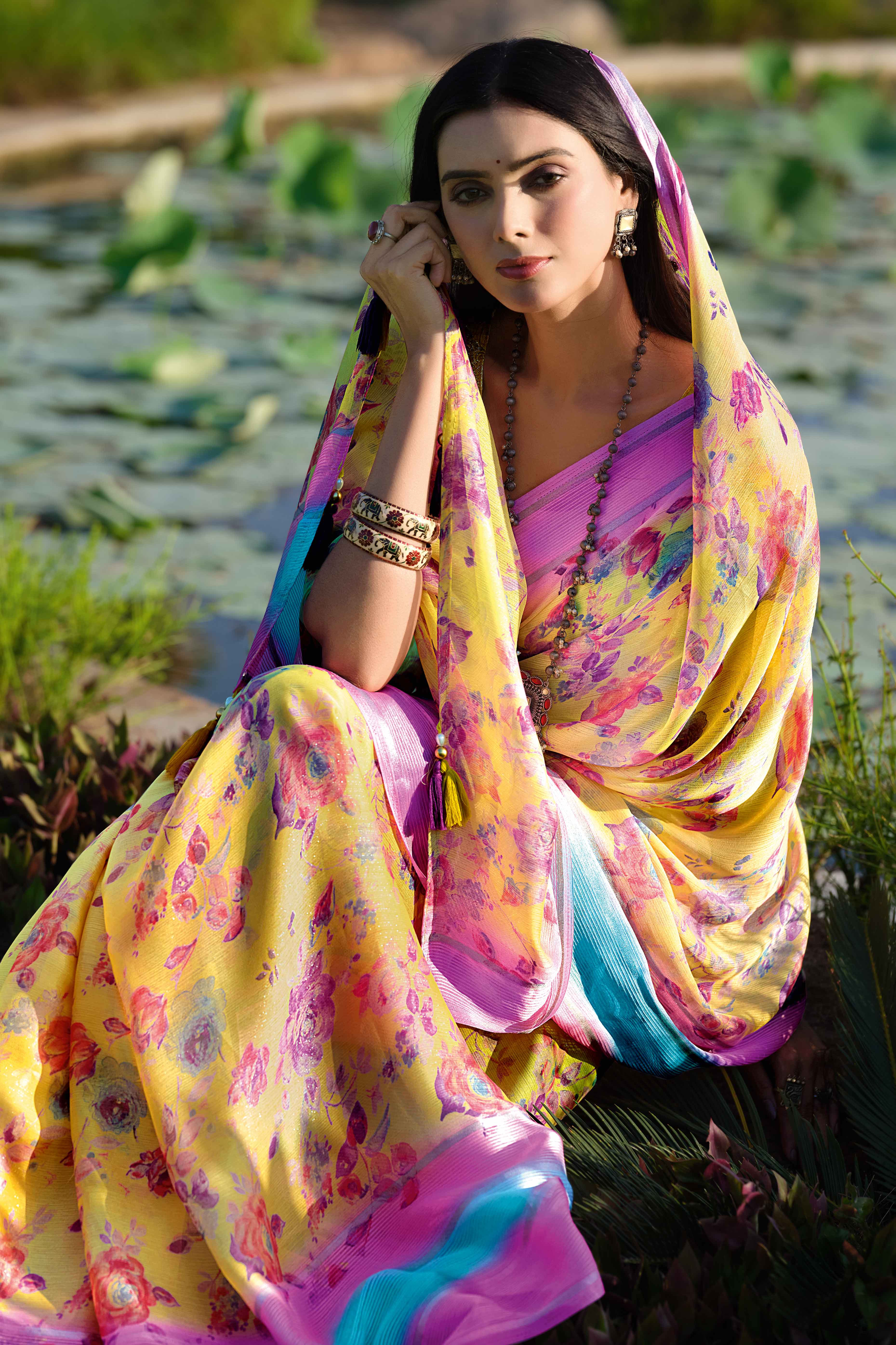 Charming Floral Print Yellow Chiffon Saree with Breezy Lightness