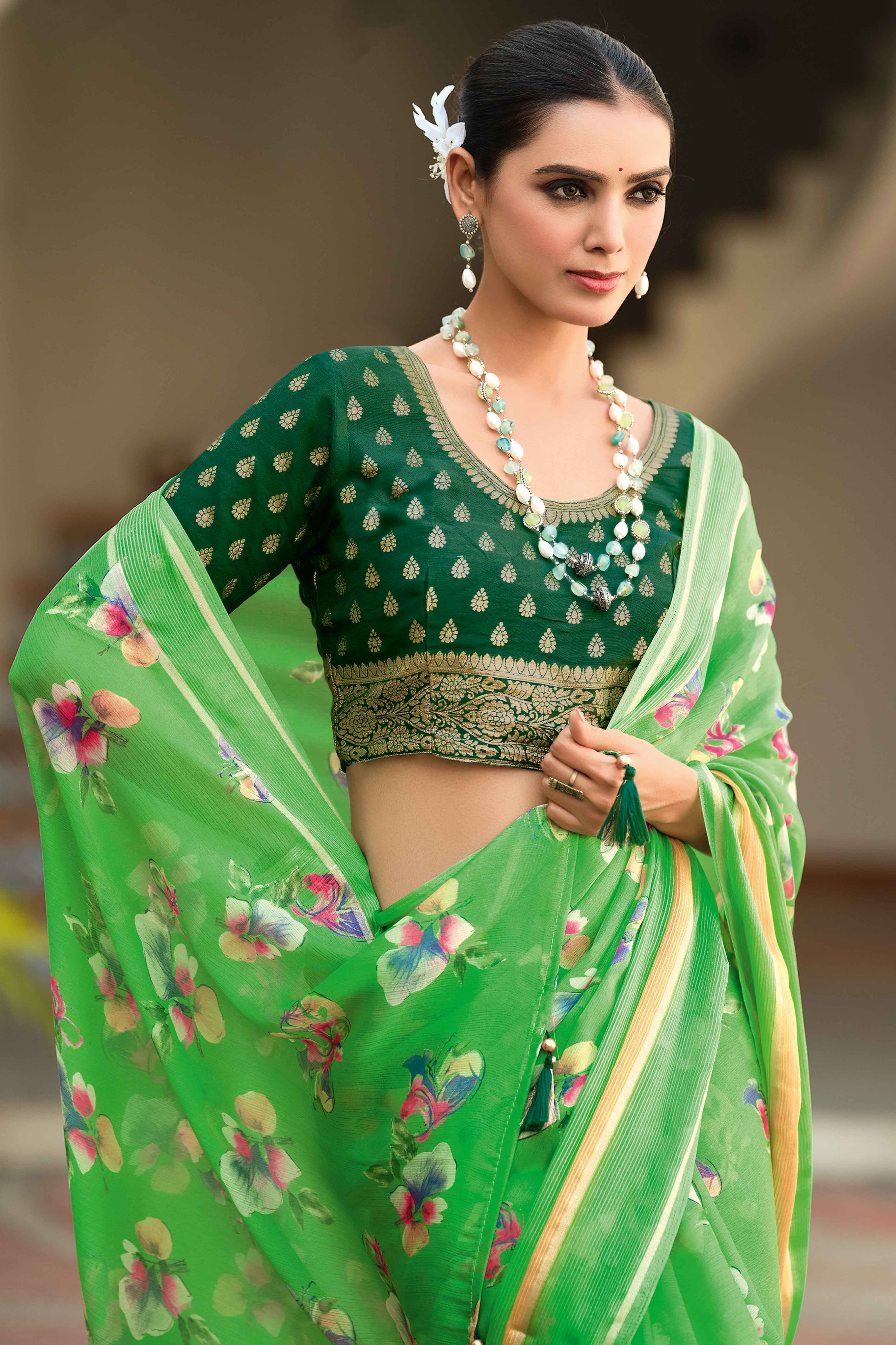 Charming Floral Print Parrot Green Chiffon Saree with Breezy Lightness