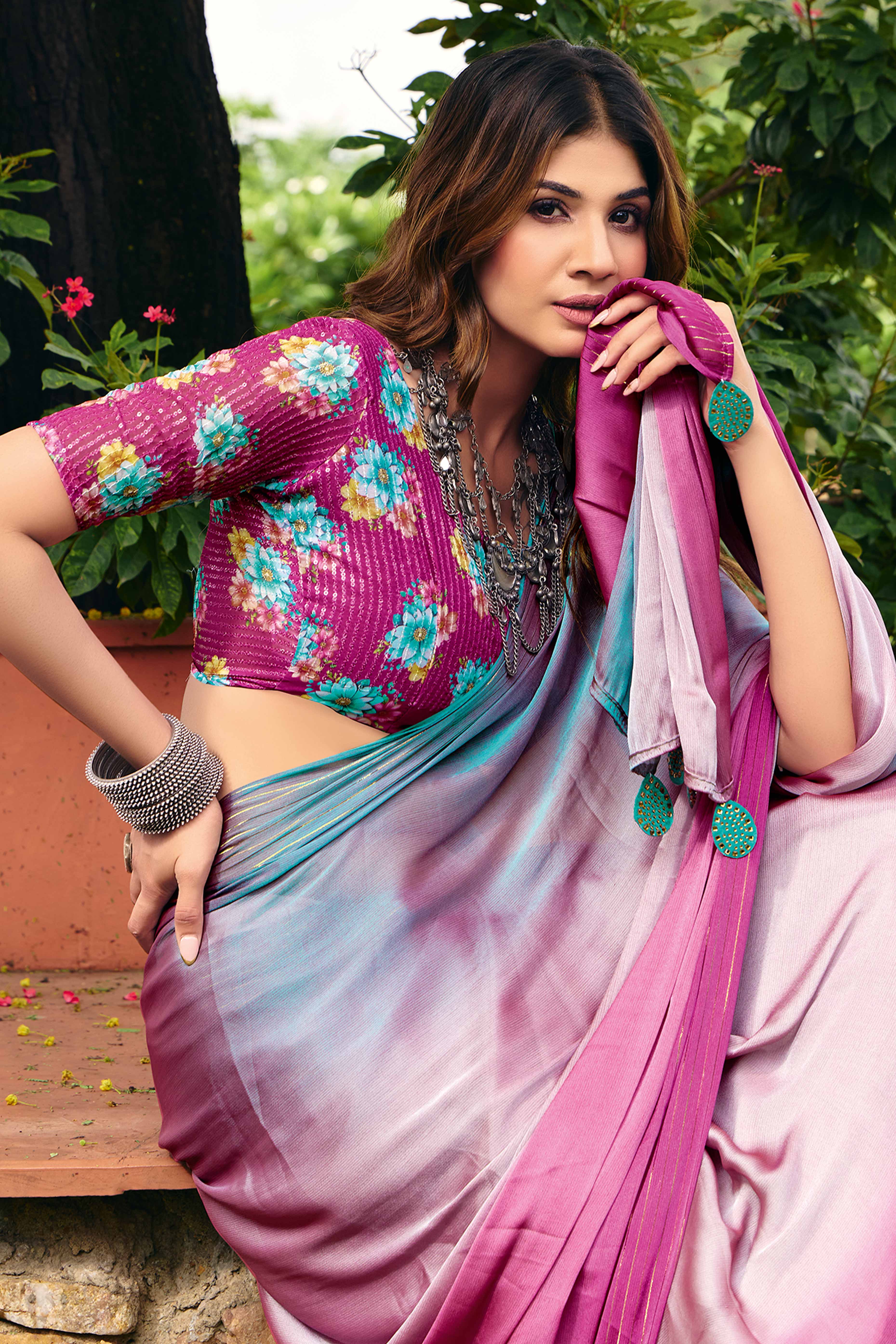 Multicolor Chiffon Saree Featuring Ombre Effect & Zari Detailing