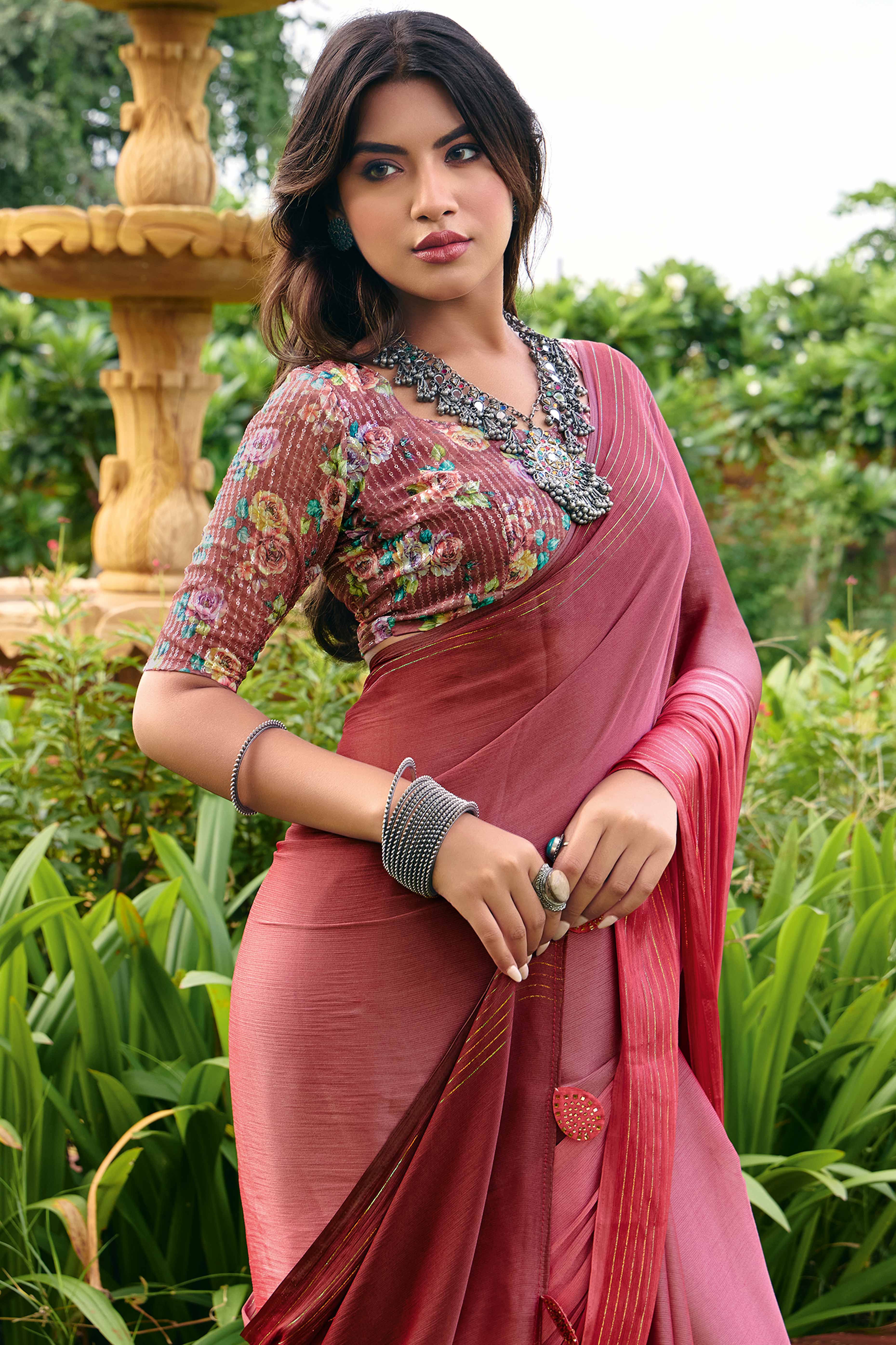 Mauve Ombre Chiffon Saree Embellished with Golden Zari