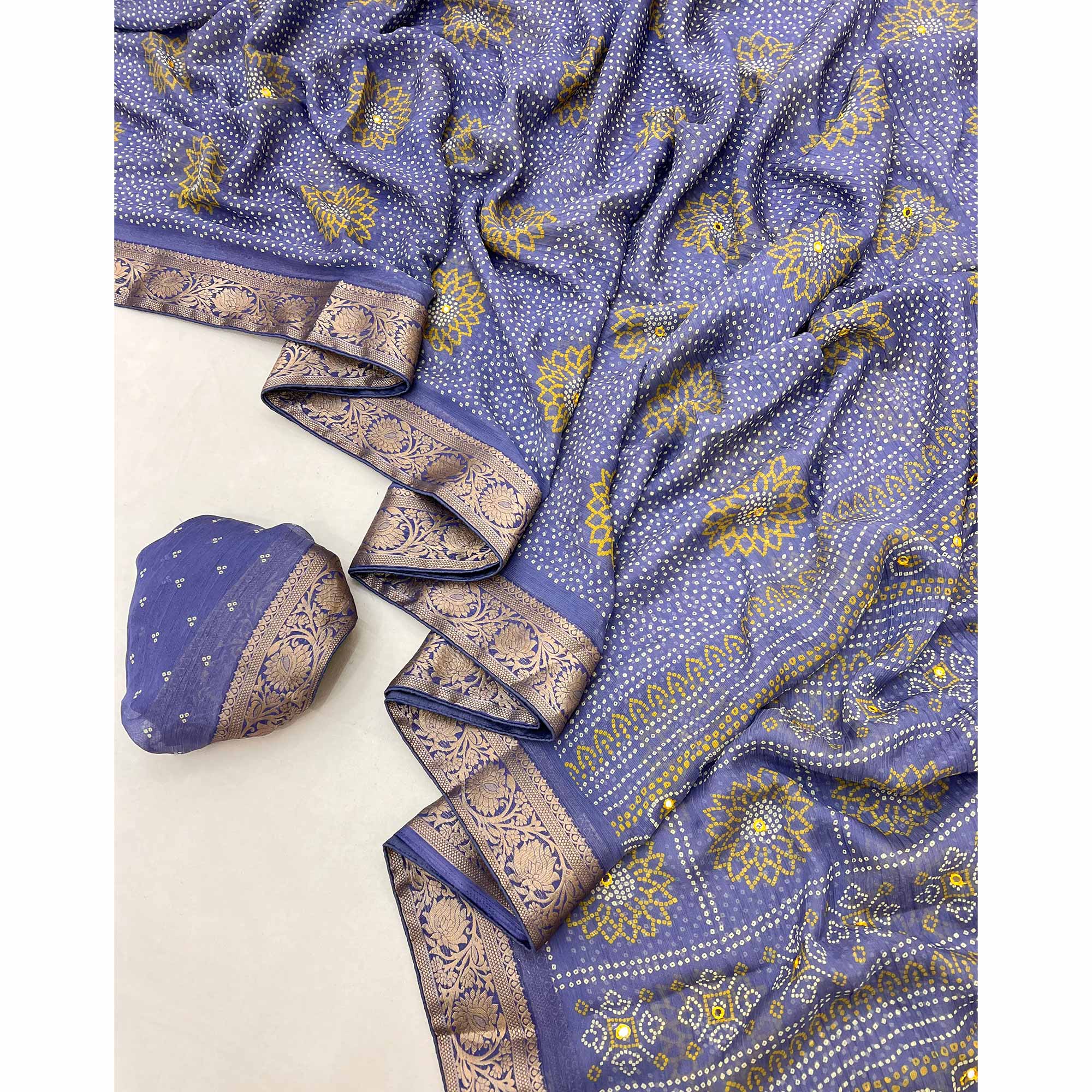 Blue Bandhani Printed Chiffon Saree