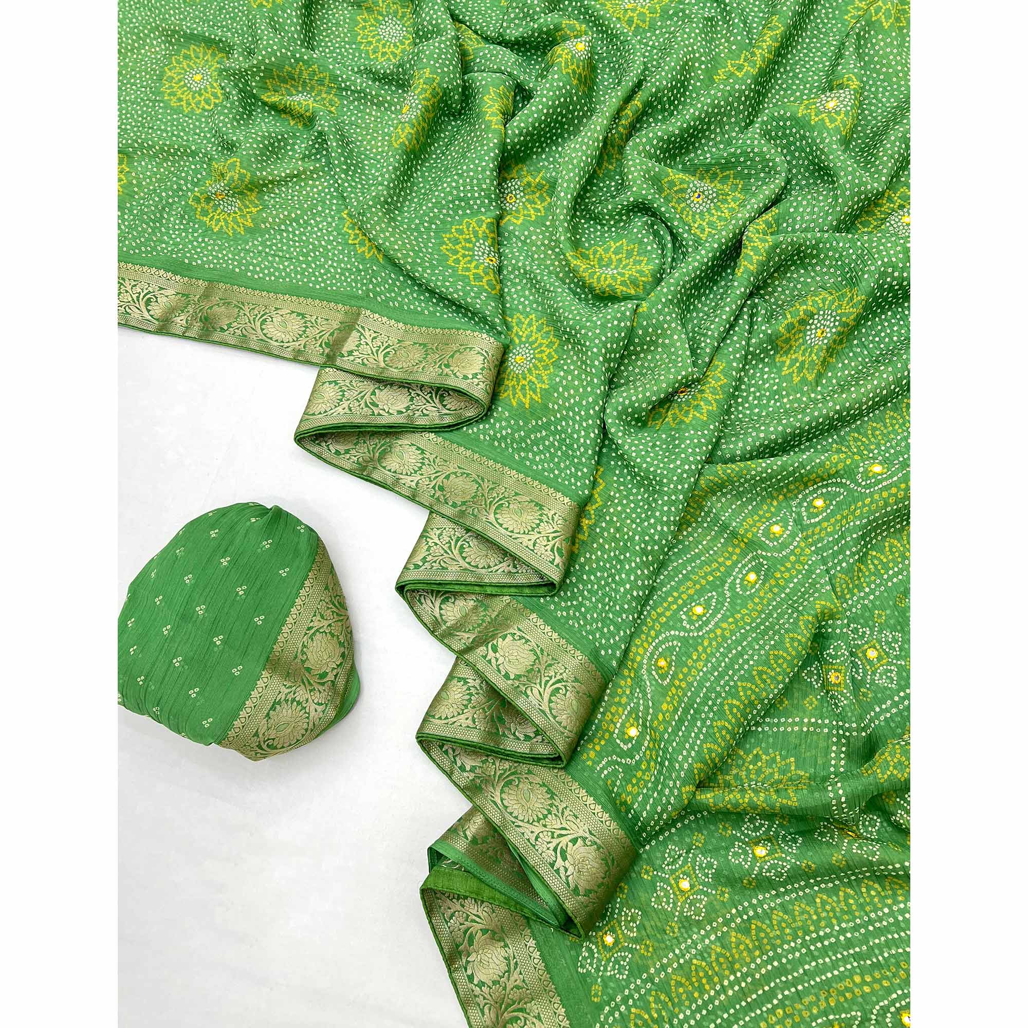 Green Bandhani Printed Chiffon Saree