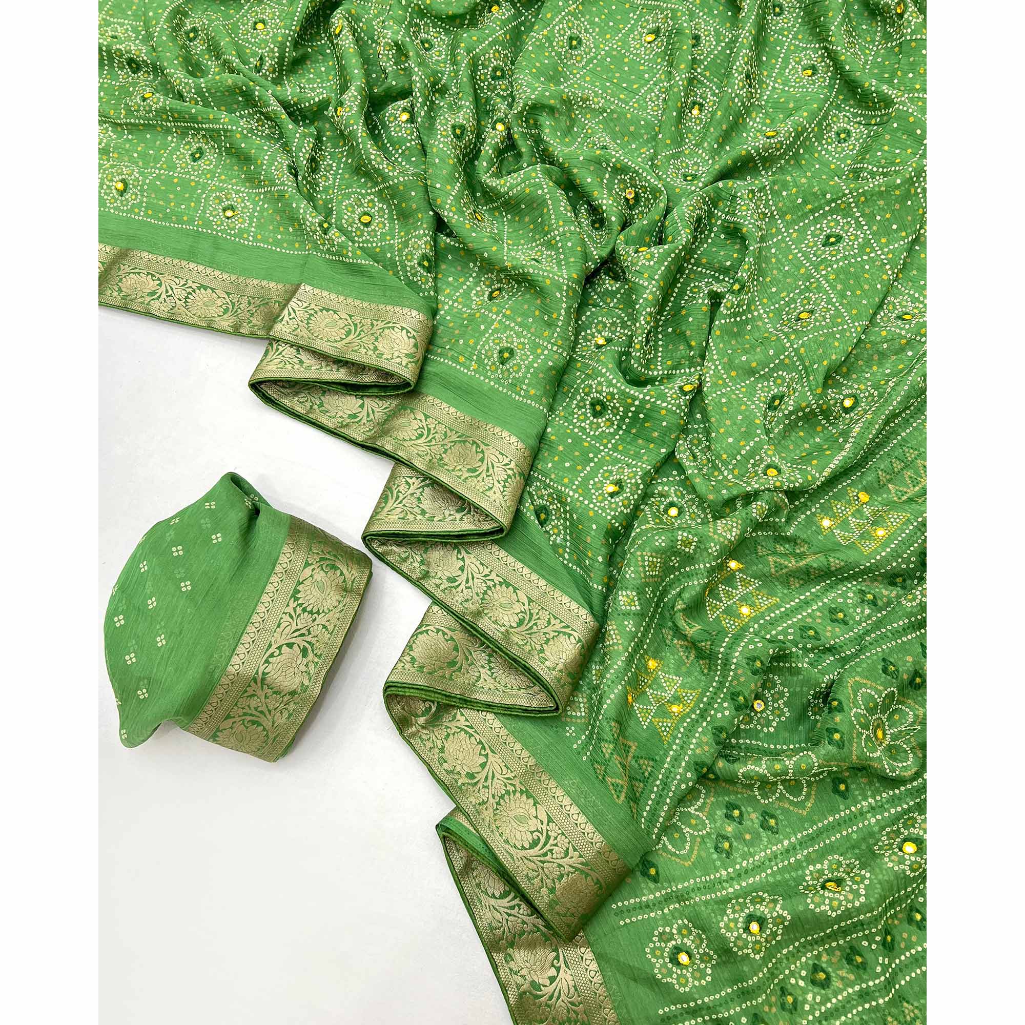 Green Bandhani Printed Chiffon Saree