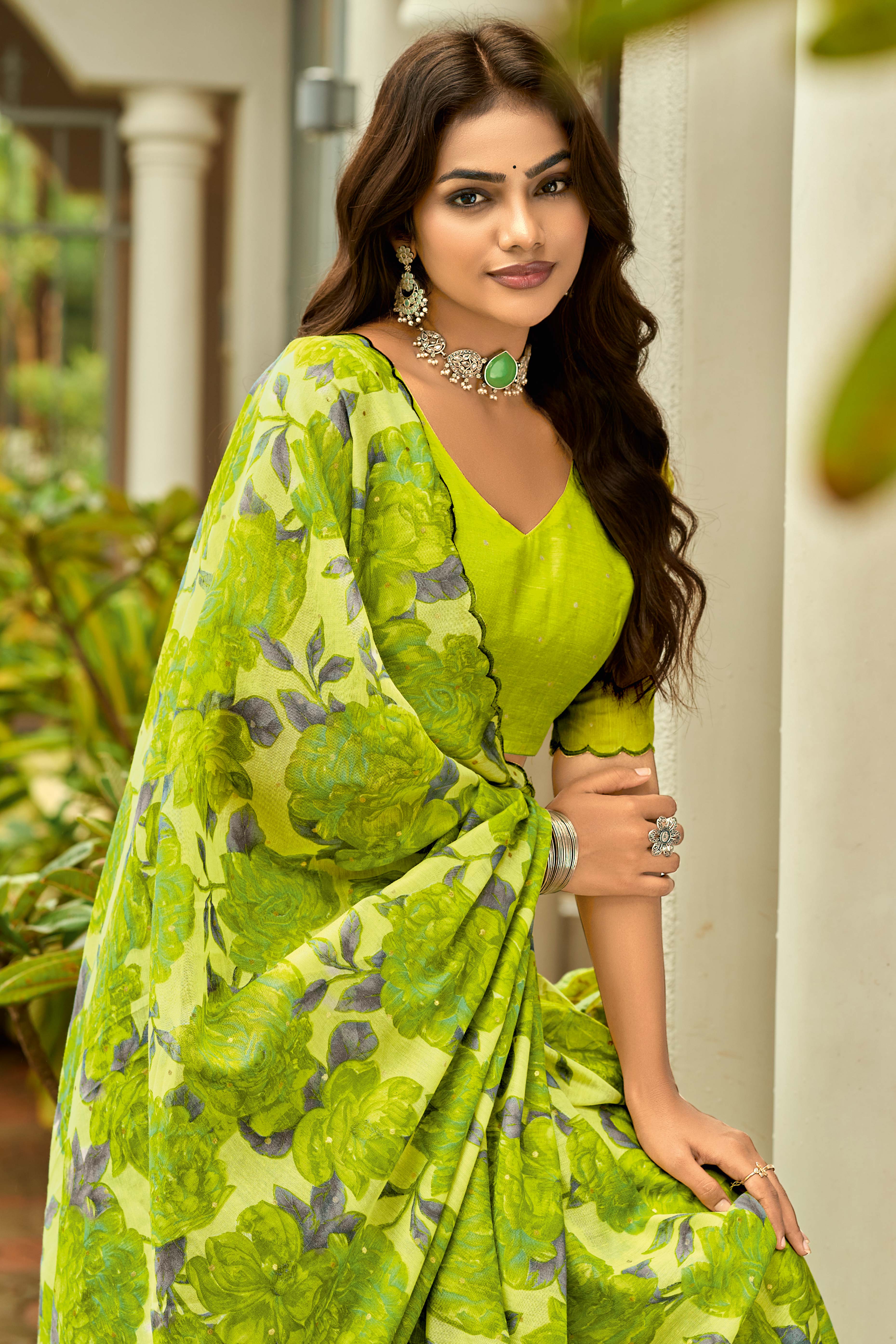 Green Floral Printed Silk Blend Saree Enhanced with Intricate Stone Detailing