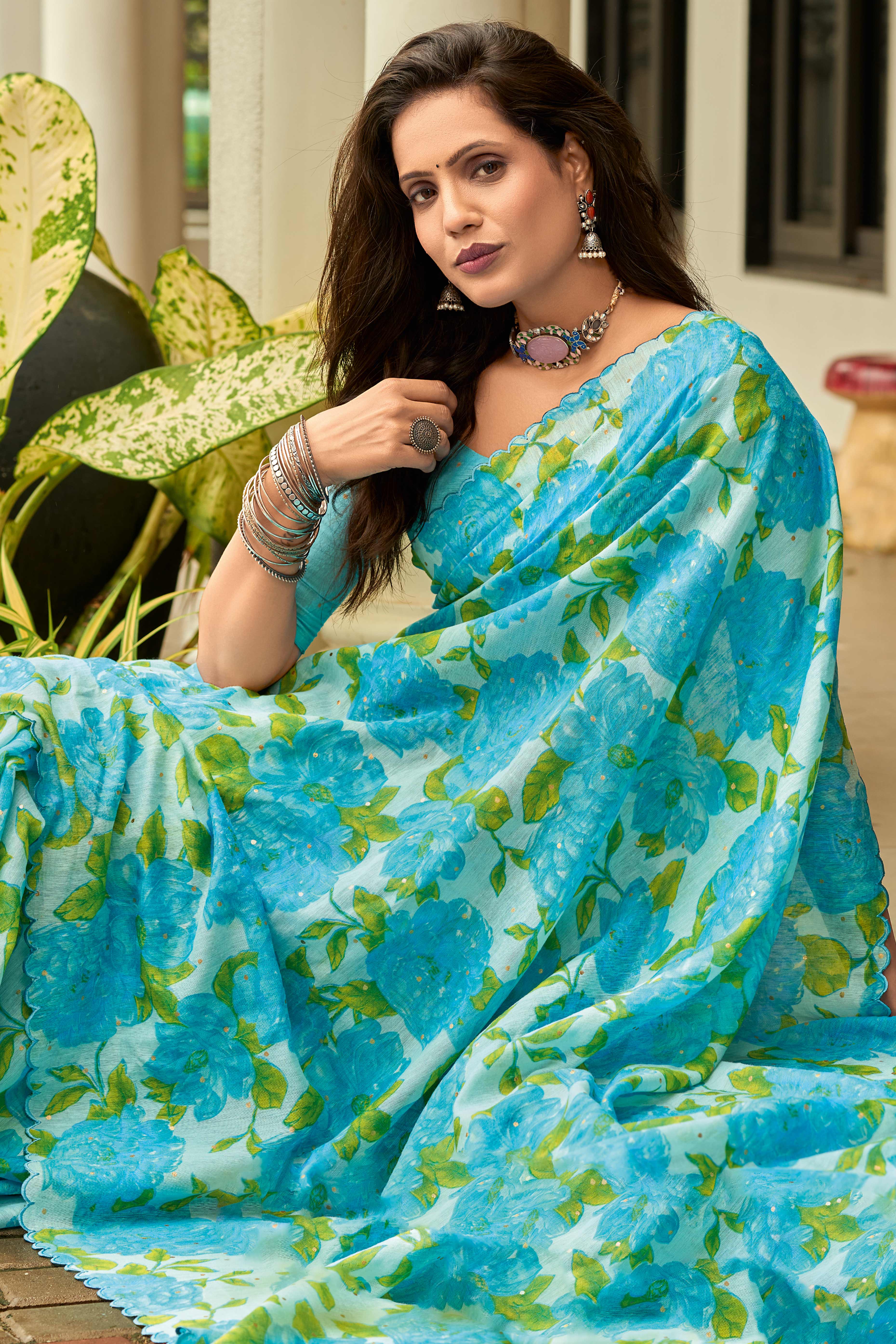 Blue Floral Printed Silk Blend Saree Enhanced with Intricate Stone Detailing