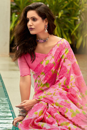 Pink Floral Printed Silk Blend Saree Enhanced with Intricate Stone Work