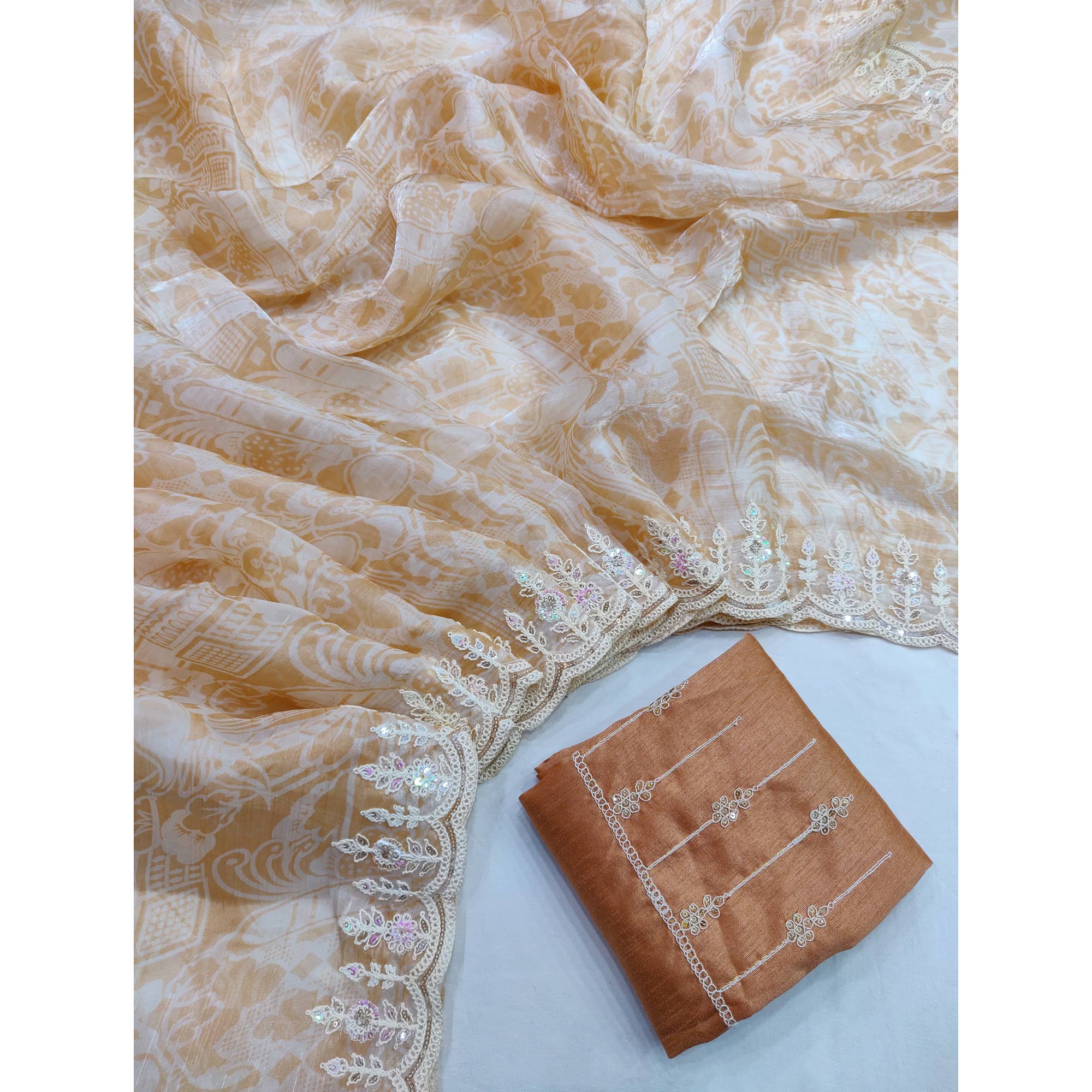 Light Brown Floral Printed Jimmy Choo Tissue Saree With Sequins Embroidered Border