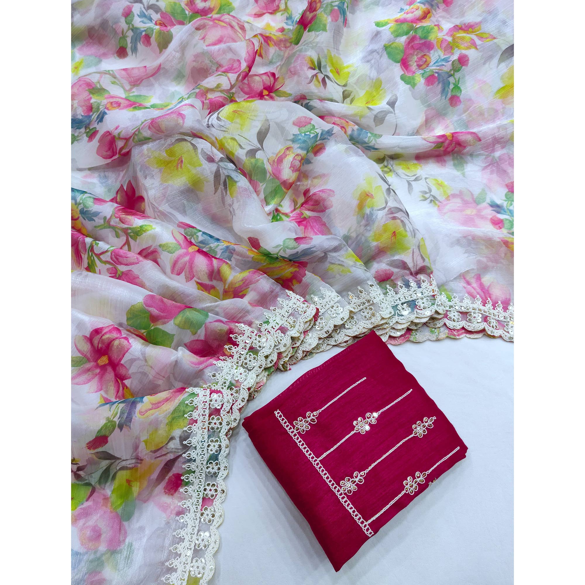 Multicolor Floral Printed Jimmy Choo Tissue Saree With Sequins Embroidered Border