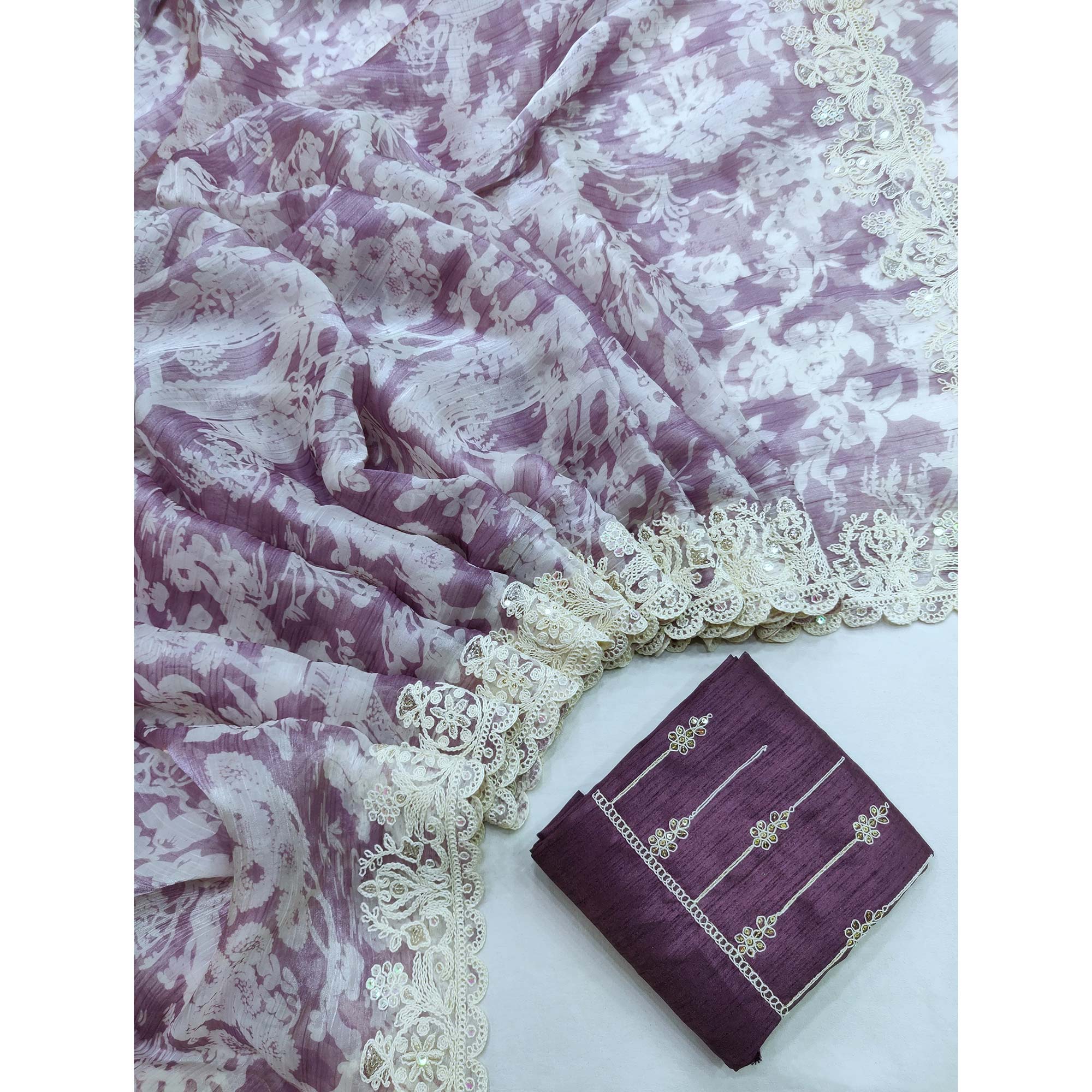 Purple Floral Printed Jimmy Choo Tissue Saree With Sequins Embroidered Border