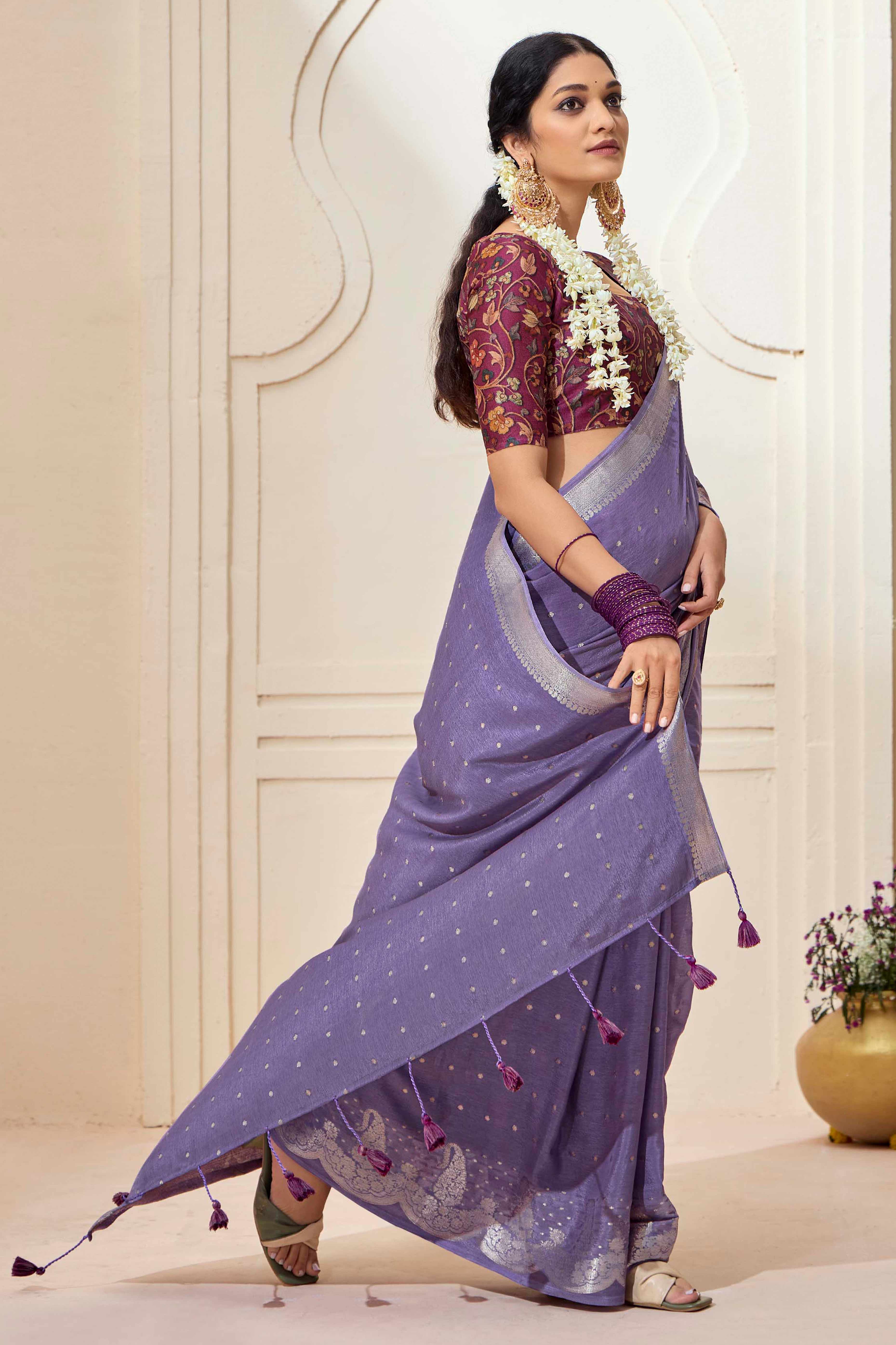 Lavender Chinon Saree with Jacquard Weaving and Delicate Tassel Accents