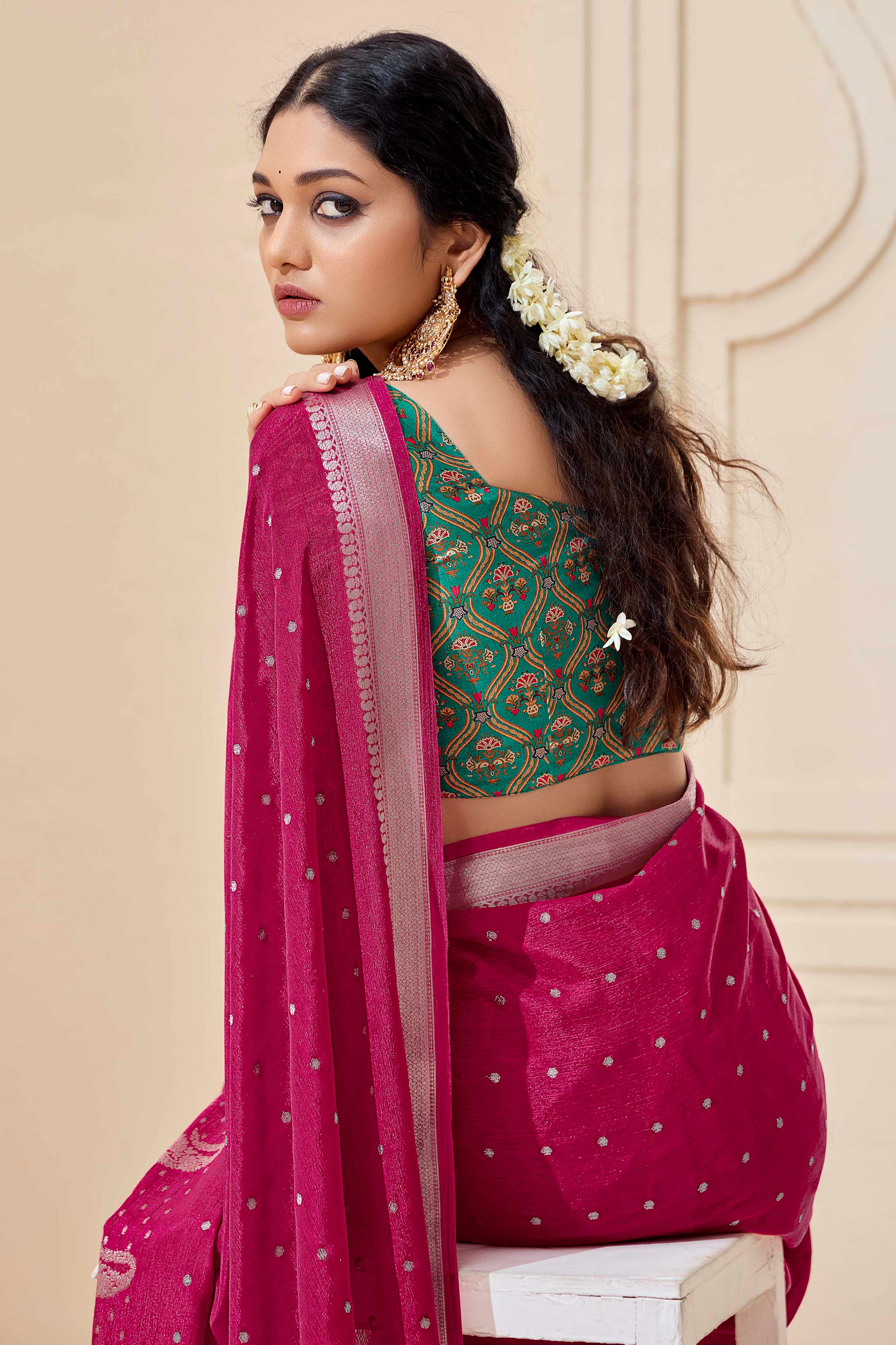 Pink Chinon Saree with Jacquard Weaving and Delicate Tassel Accents