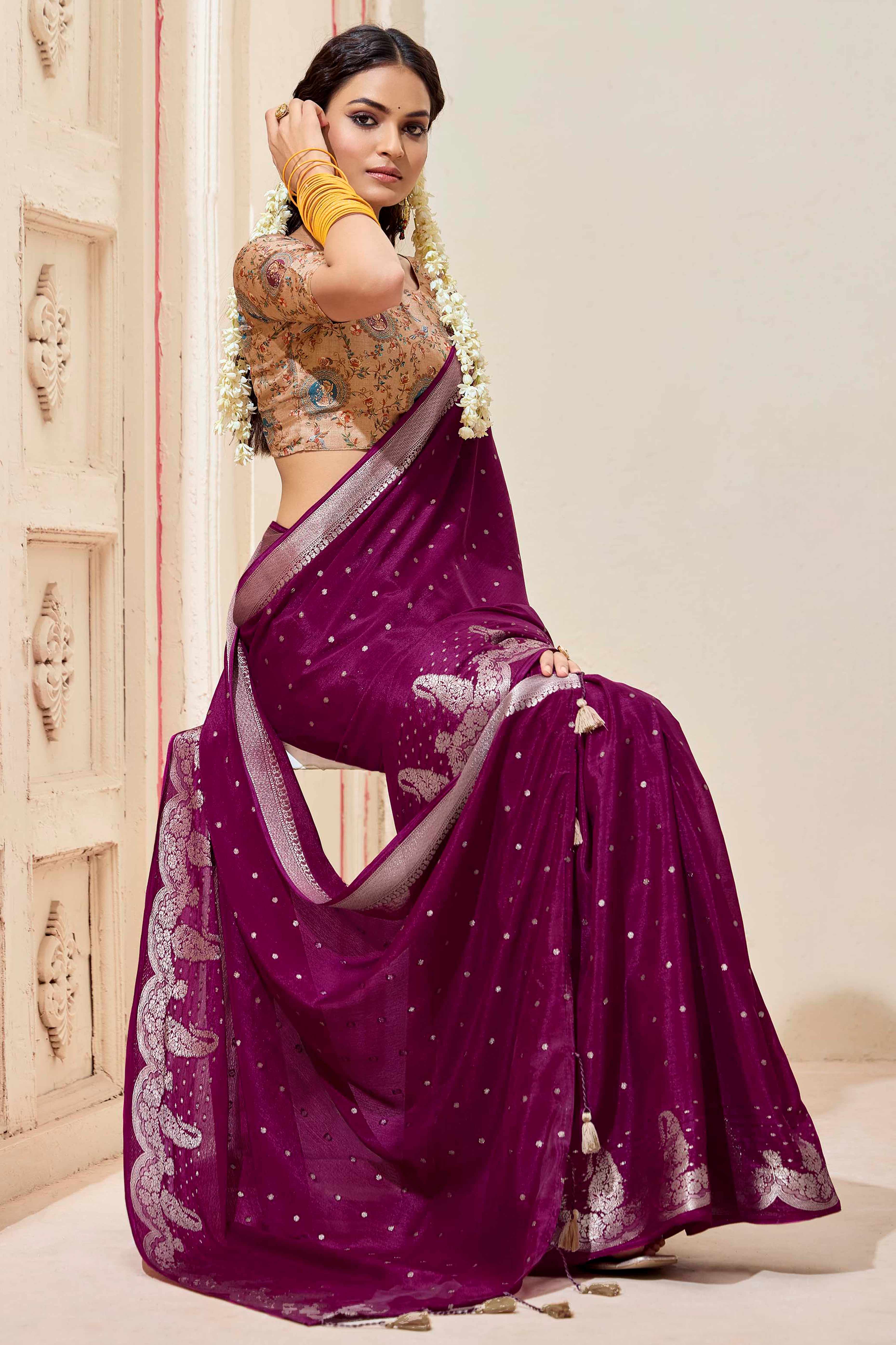 Magenta Chinon Saree with Jacquard Weaving and Delicate Tassel Accents