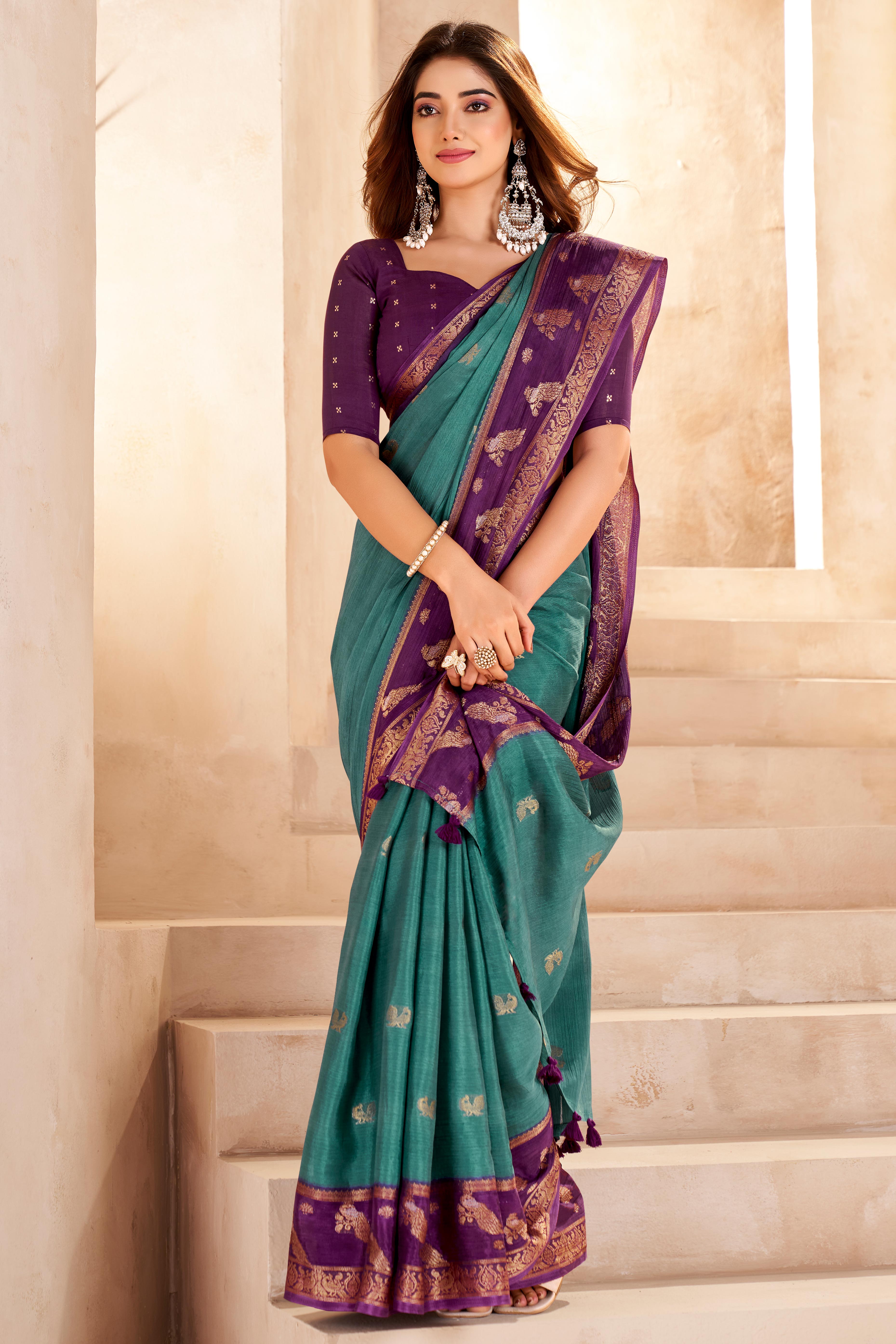 Teal Chinon Saree Featuring Exquisite Jacquard Weaving for a Timeless and Refined Look