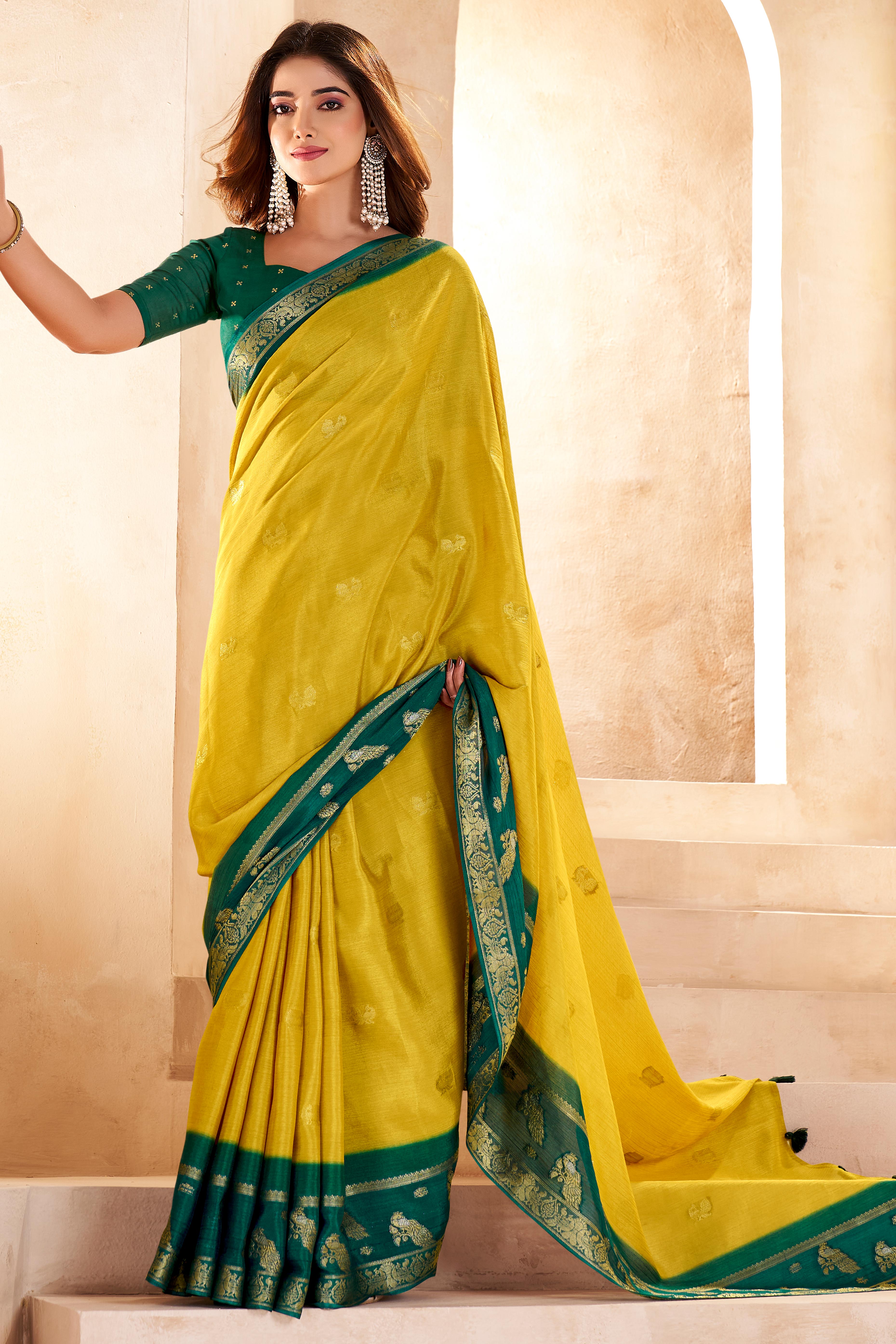 Yellow Chinon Saree Featuring Exquisite Jacquard Weaving for a Timeless and Refined Look