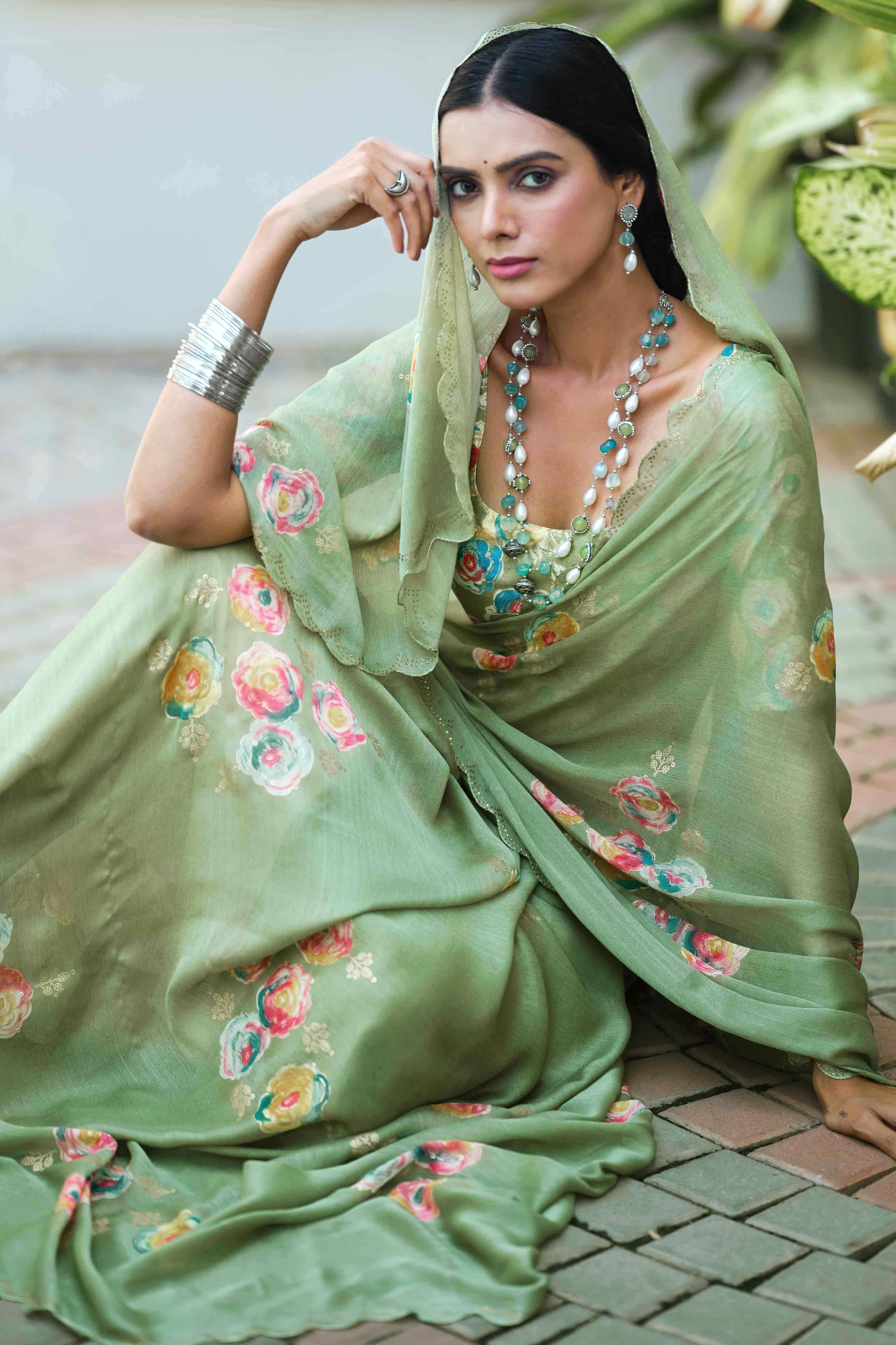 Elegant Green Chiffon Saree with Floral and Foil Print Detailing