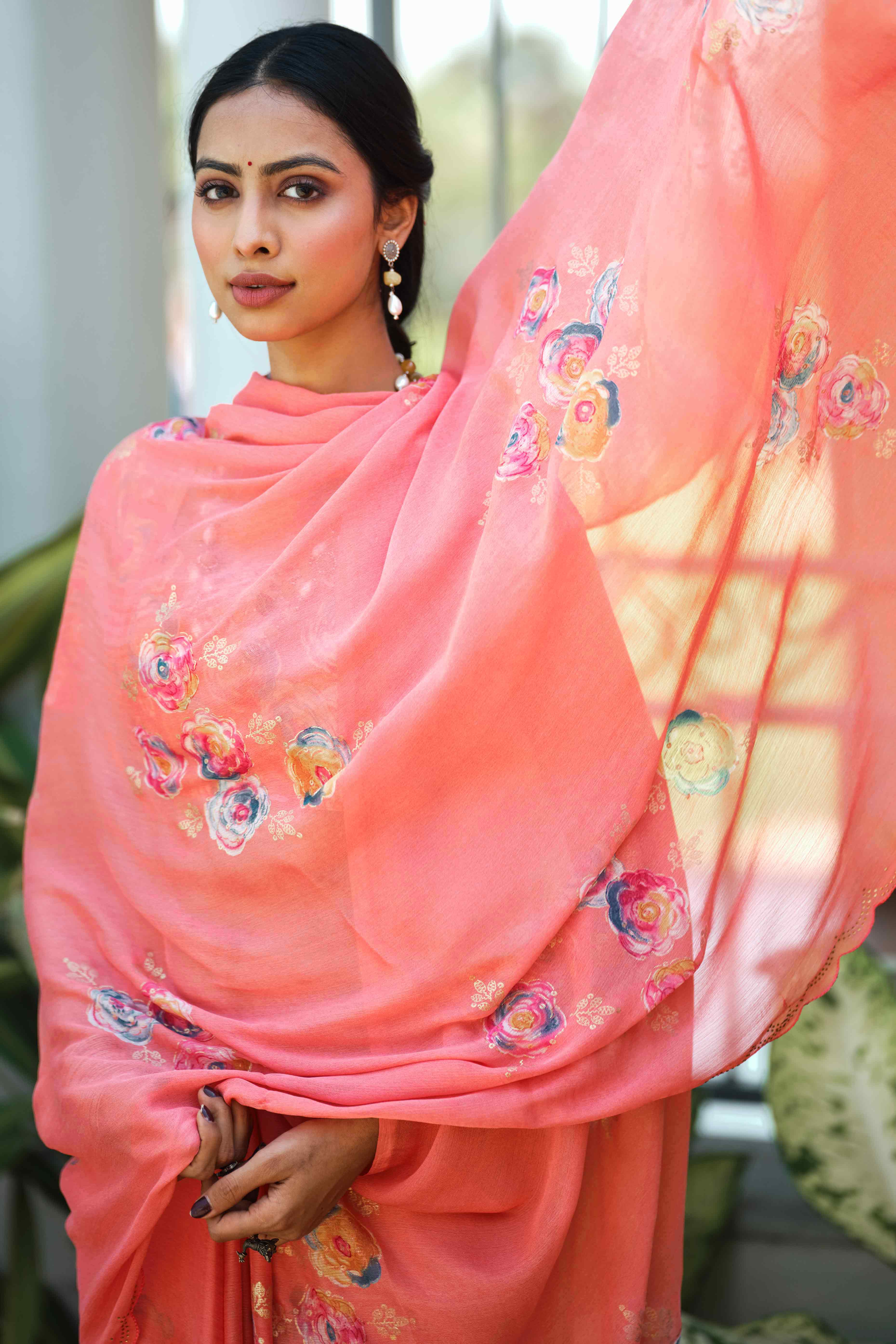 Elegant Peach Chiffon Saree with Floral and Foil Print Detailing