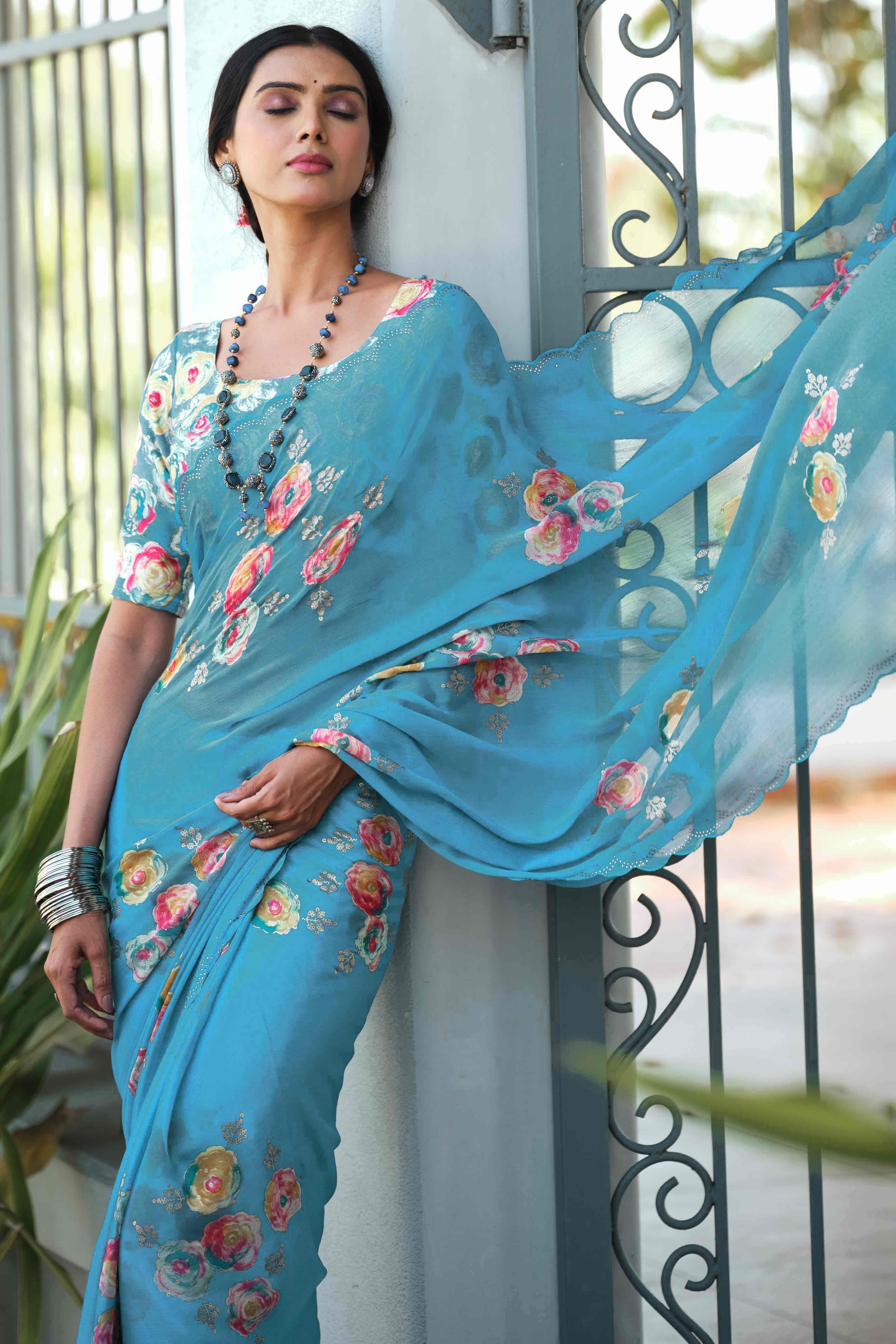 Elegant Blue Chiffon Saree with Floral and Foil Print Detailing