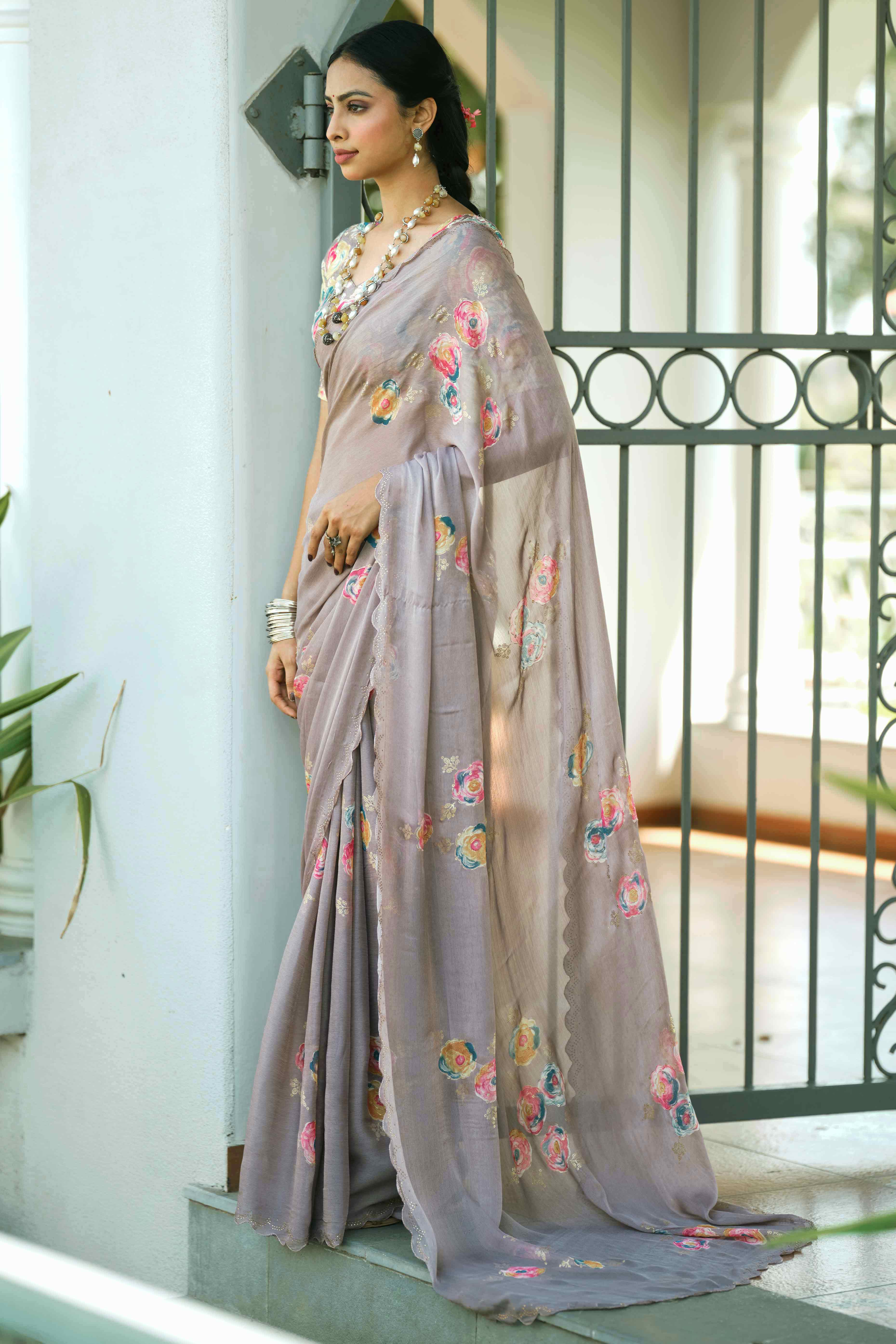 Elegant Brown Chiffon Saree with Floral and Foil Print Detailing