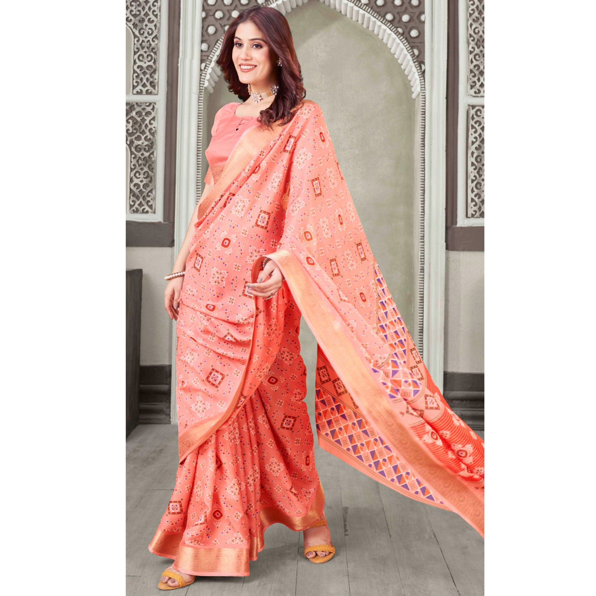Peach Floral Printed Cotton Blend Saree With Jacquard Border