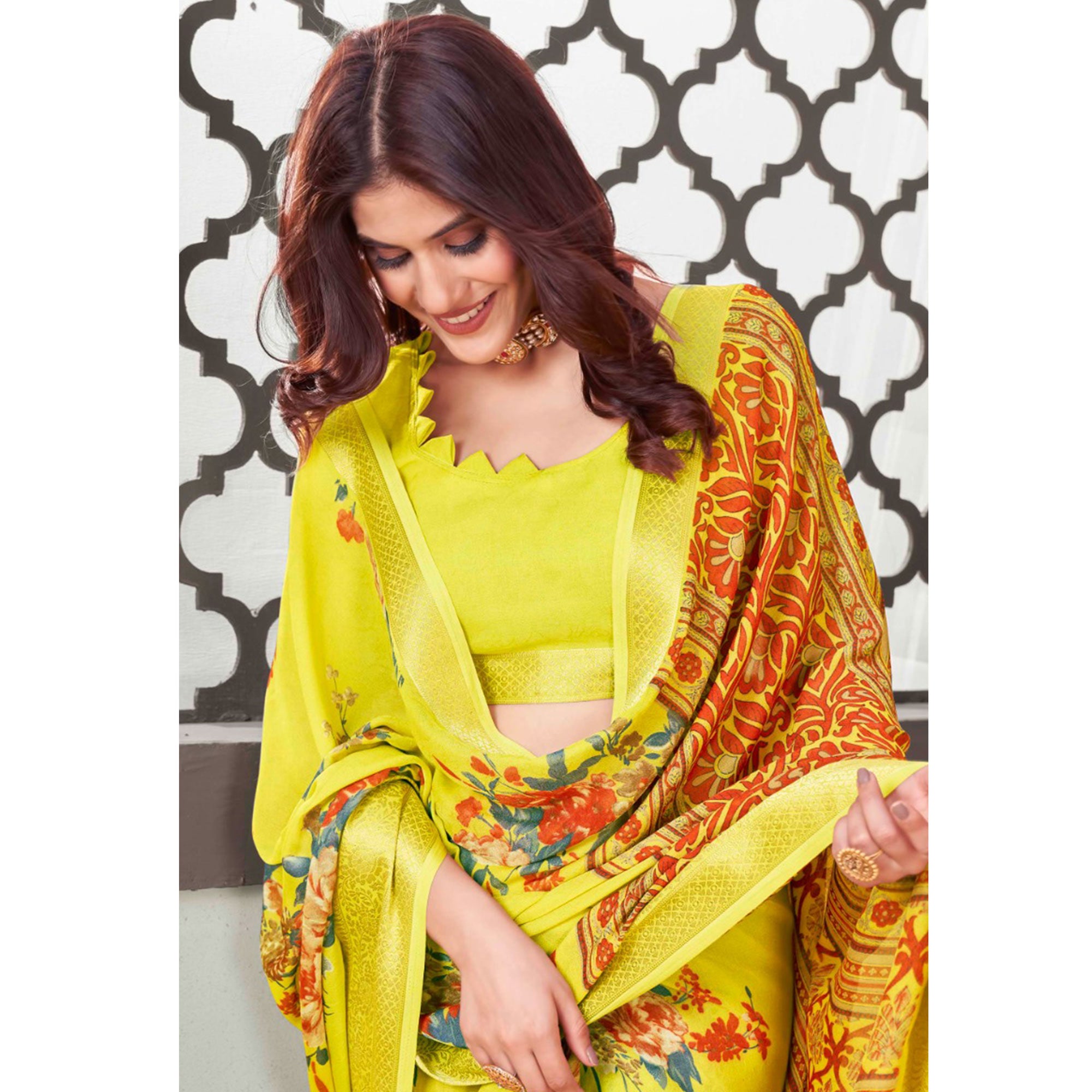 Yellow Floral Printed Cotton Blend Saree With Jacquard Border