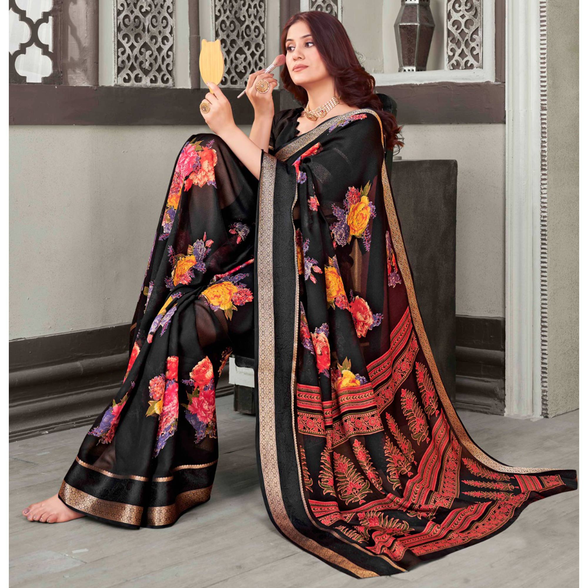Black Floral Printed Cotton Blend Saree With Jacquard Border