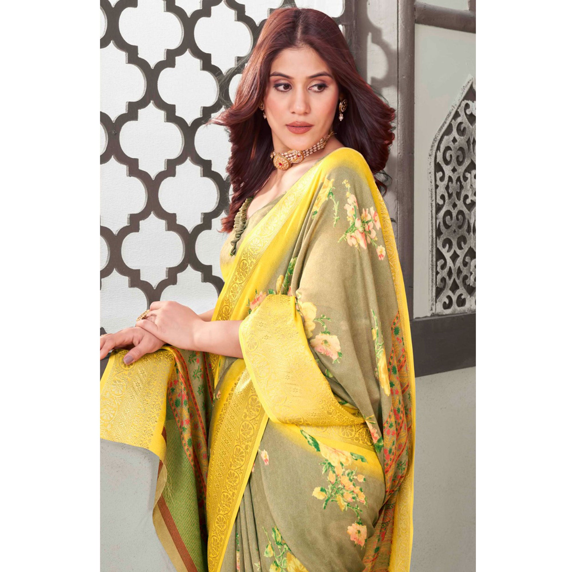 Olive Green Floral Printed Cotton Blend Saree With Jacquard Border