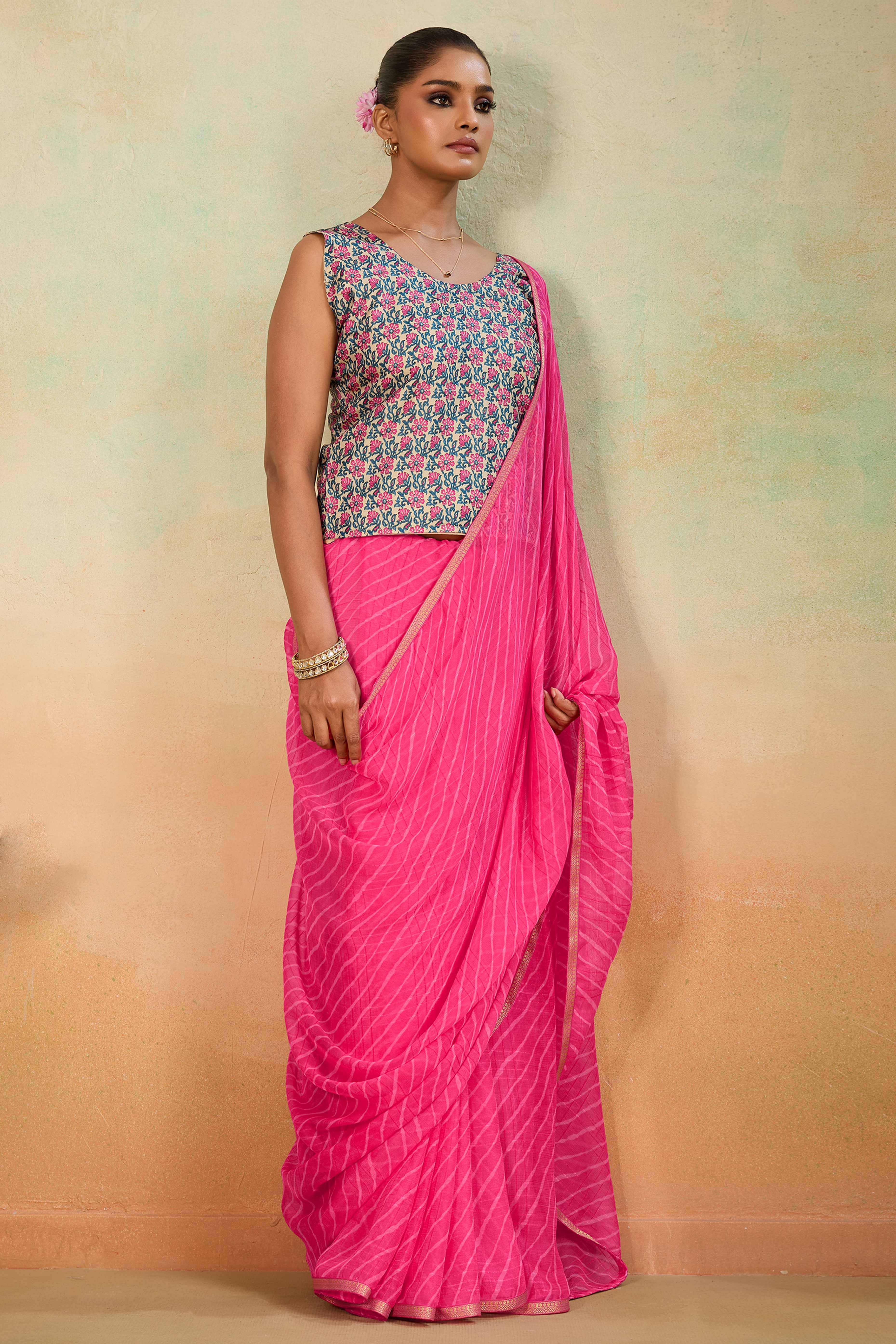 Pink Leheriya Chiffon Saree Accented With Elegant Zari Lace Border Work