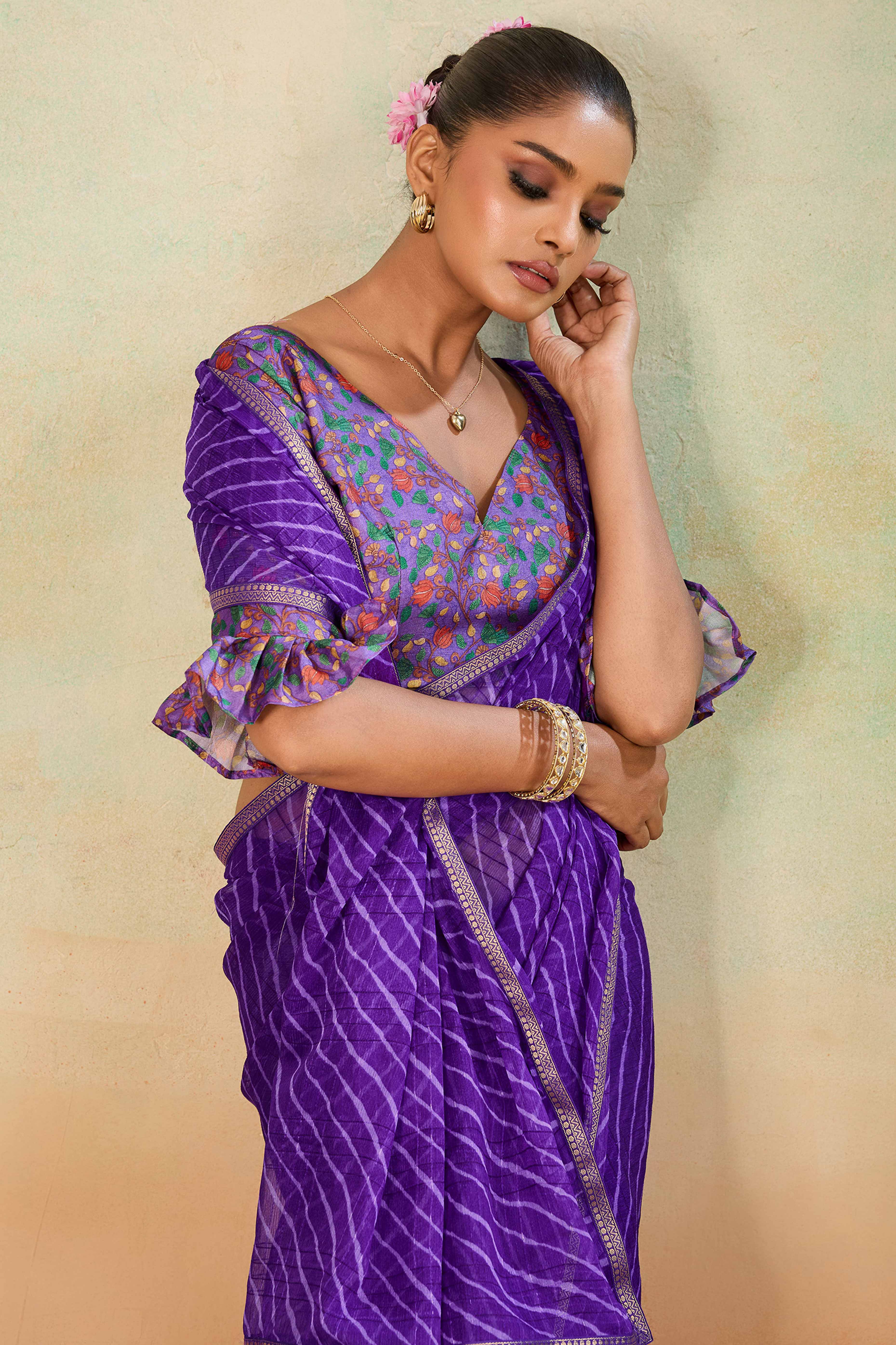 Royal Purple Leheriya Chiffon Saree Accented With Elegant Zari Lace Border Work