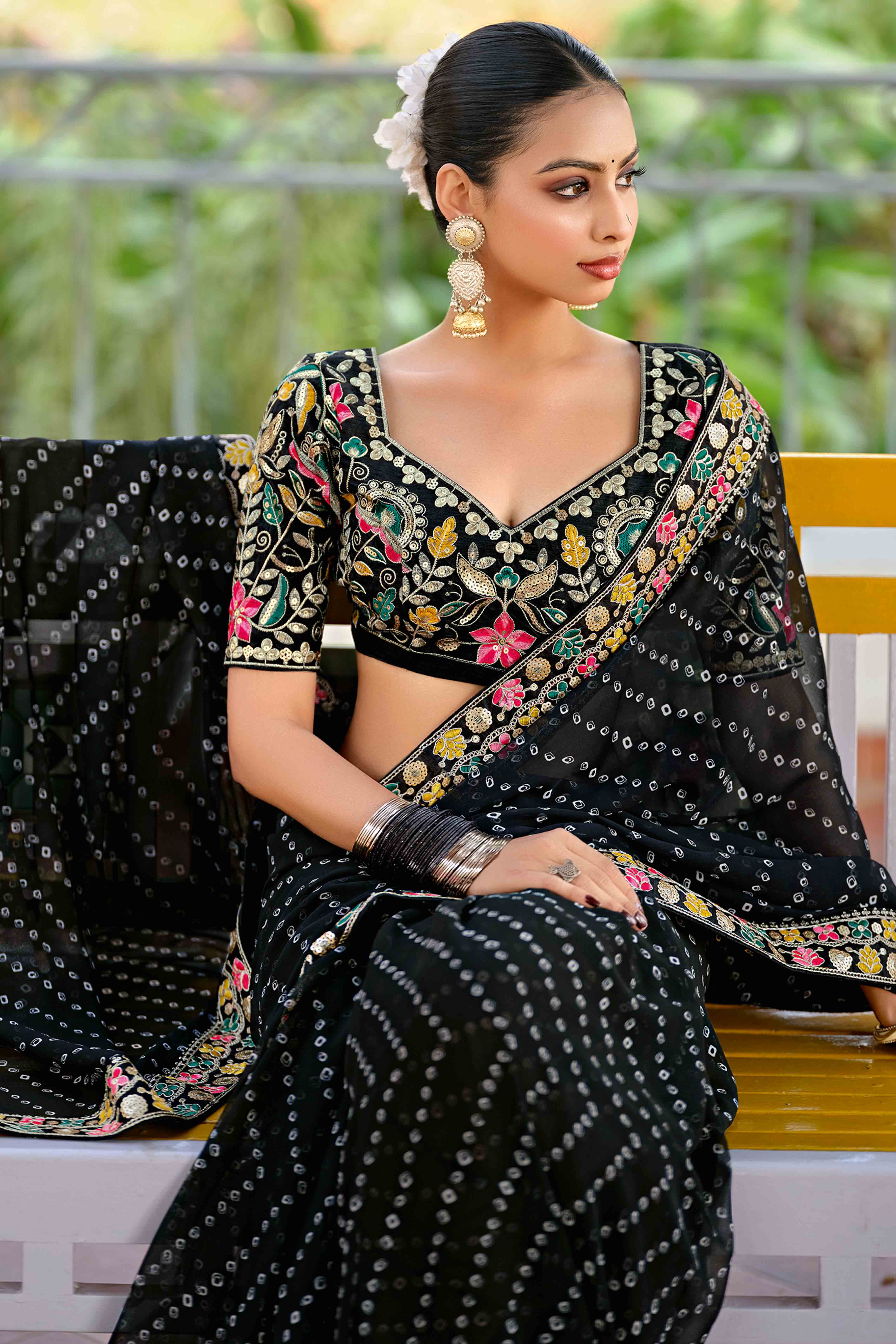 Black Bandhani Printed Georgette Saree With Sparkling Sequin Embroidered Border