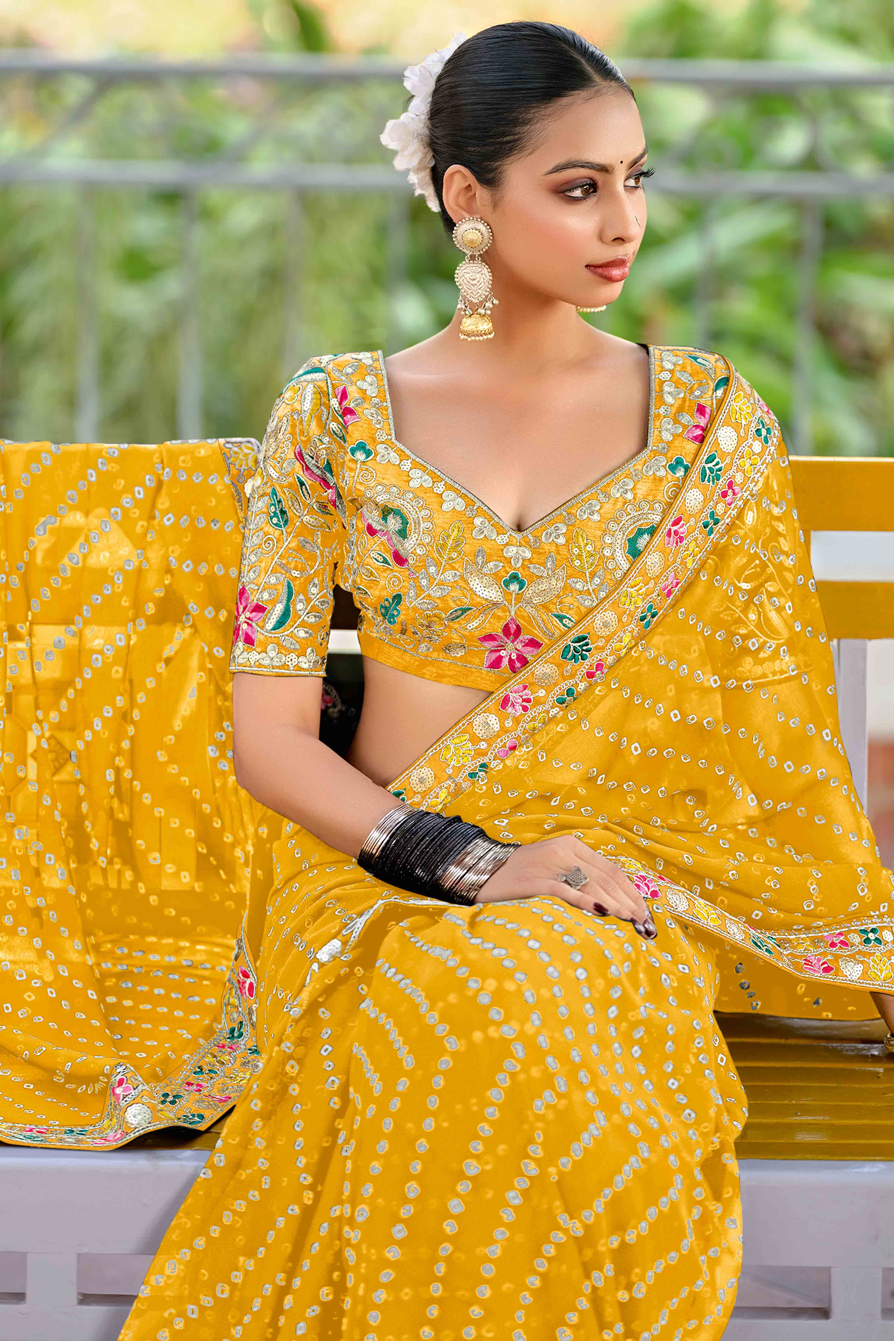 Yellow Bandhani Printed Georgette Saree With Sparkling Sequin Embroidered Border