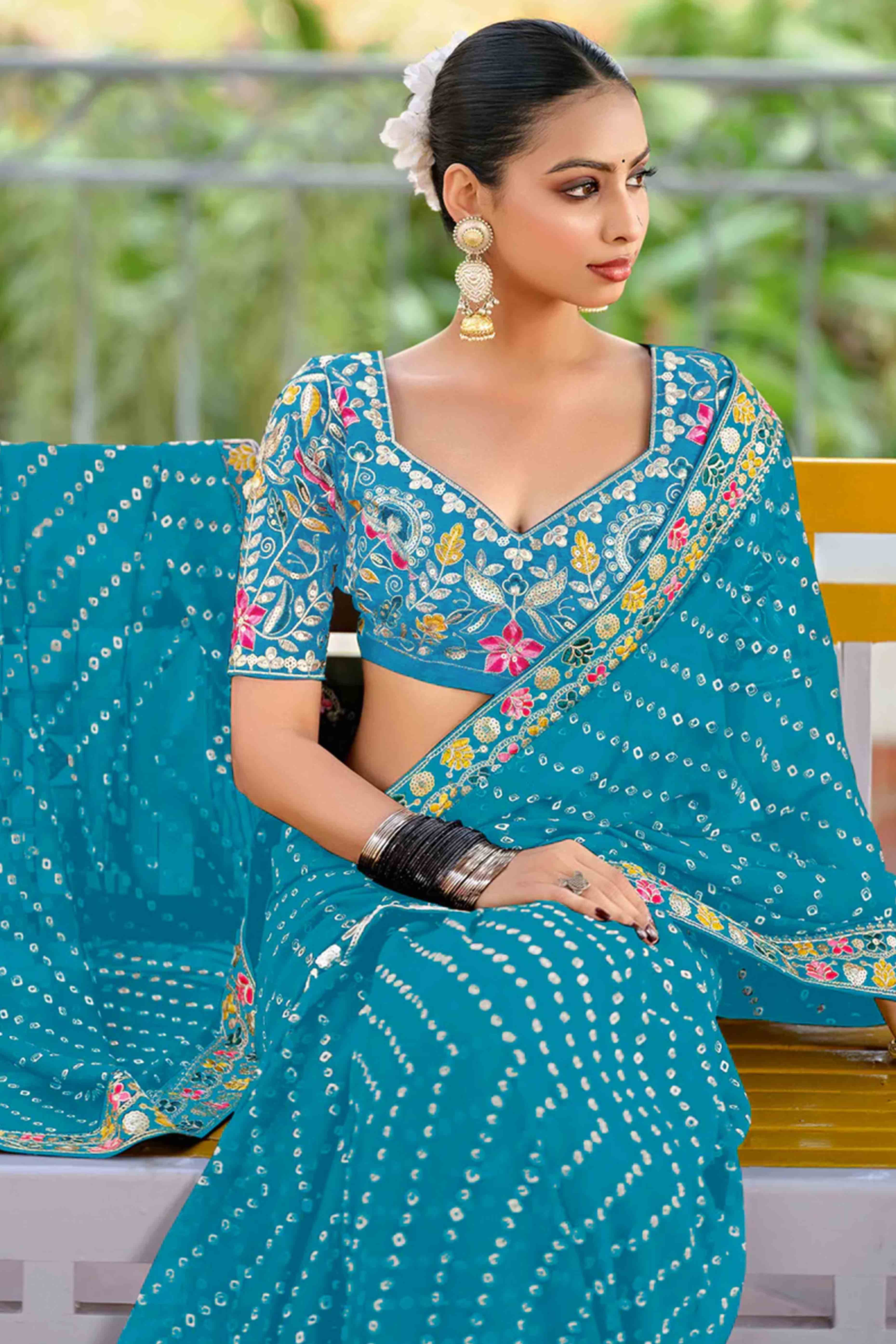 Blue Bandhani Printed Georgette Saree With Sparkling Sequin Embroidered Border