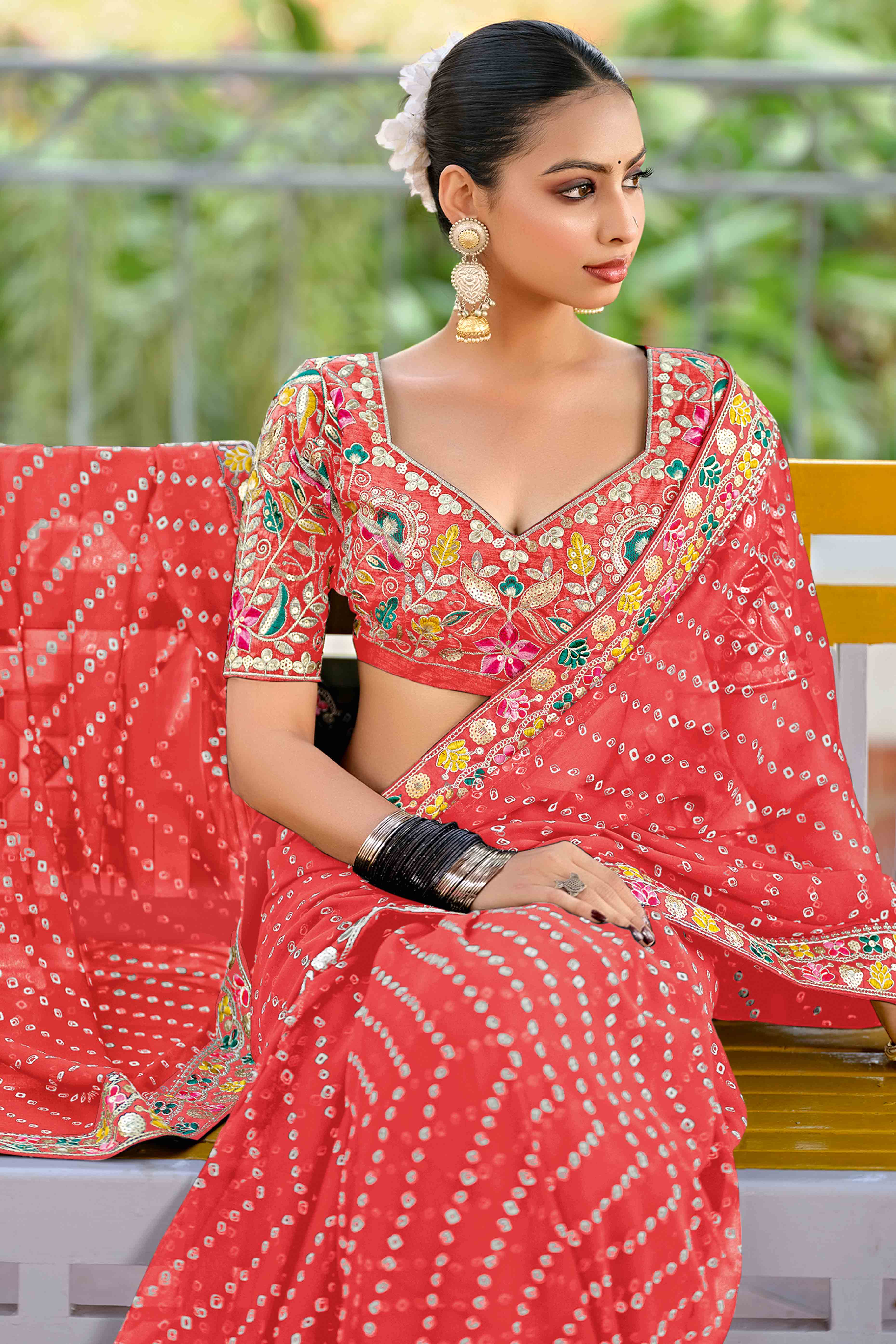 Coral Pink Bandhani Printed Georgette Saree With Sparkling Sequin Embroidered Border