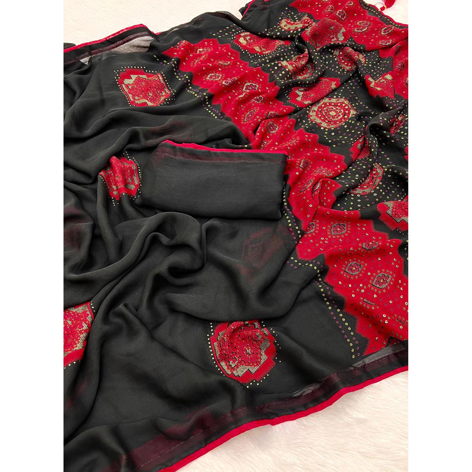 Black & Red Patola With Bandhani Printed Moss Chiffon Saree