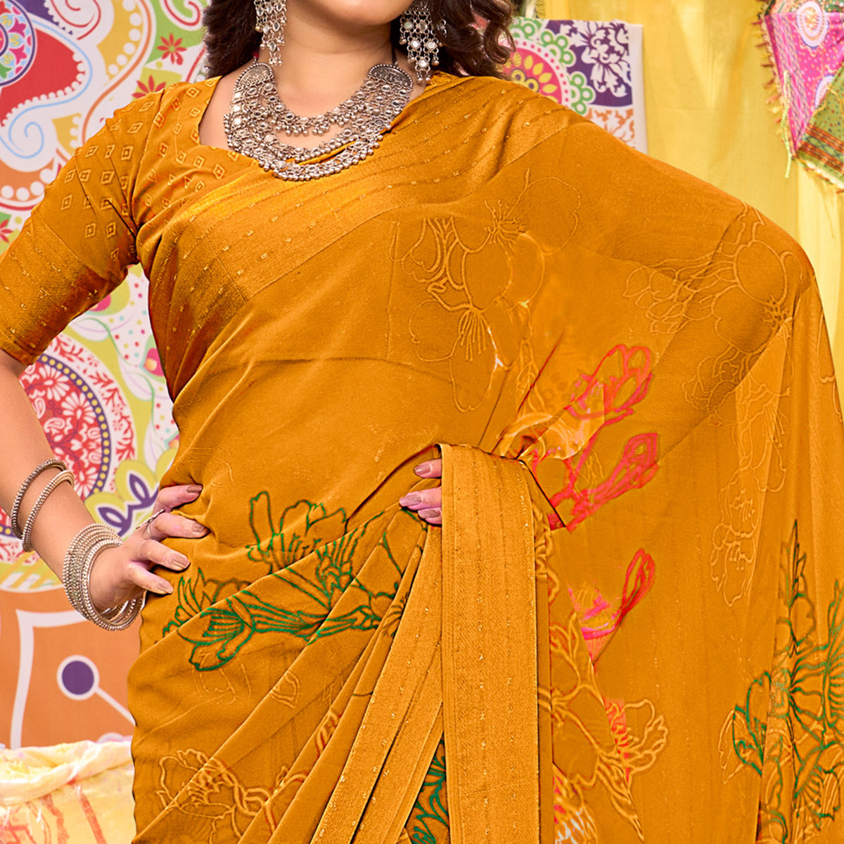 Mustard Floral Printed Georgette Saree With Woven Border