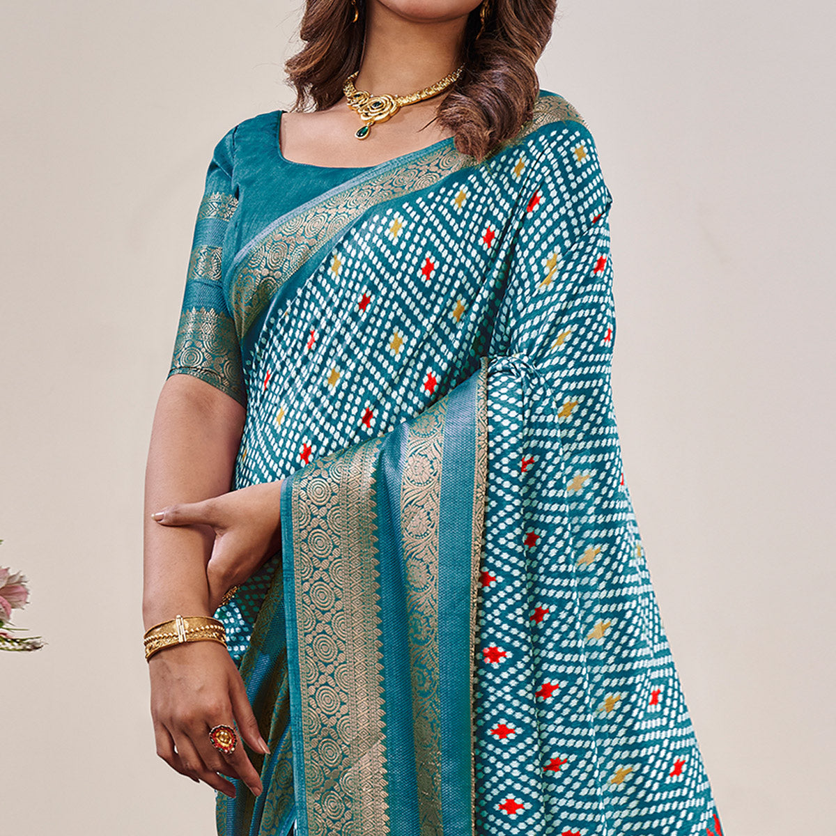 Rama Blue Ikkat Printed With Jacquard Border Cotton Silk Saree
