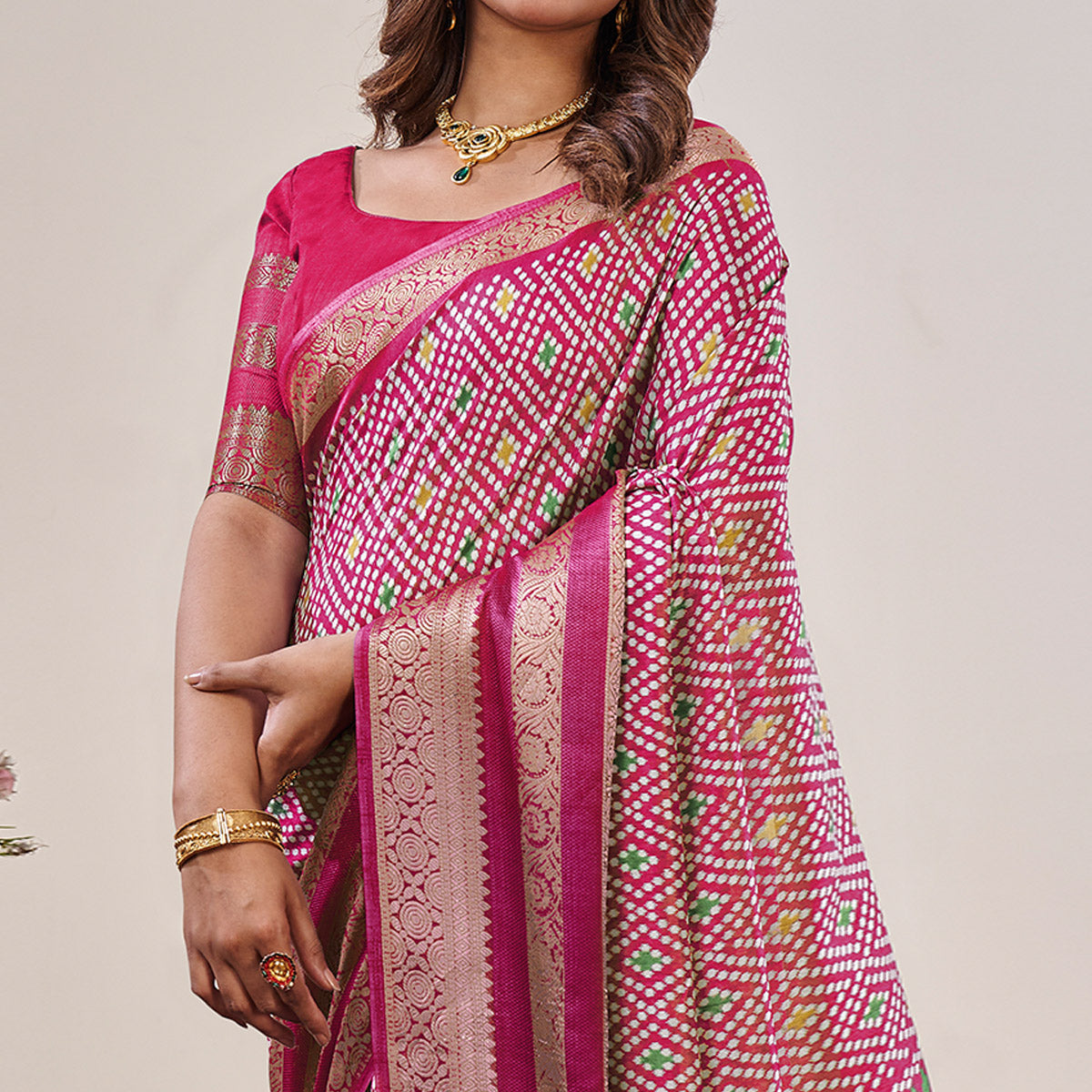 Pink Ikkat Printed With Jacquard Border Cotton Silk Saree