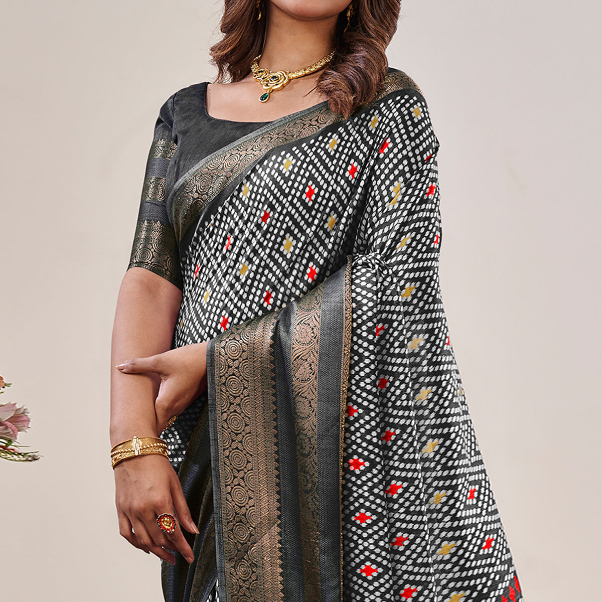 Black Ikkat Printed With Jacquard Border Cotton Silk Saree