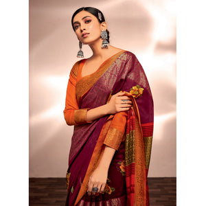 Wine Floral Printed With Woven Cotton Silk Saree