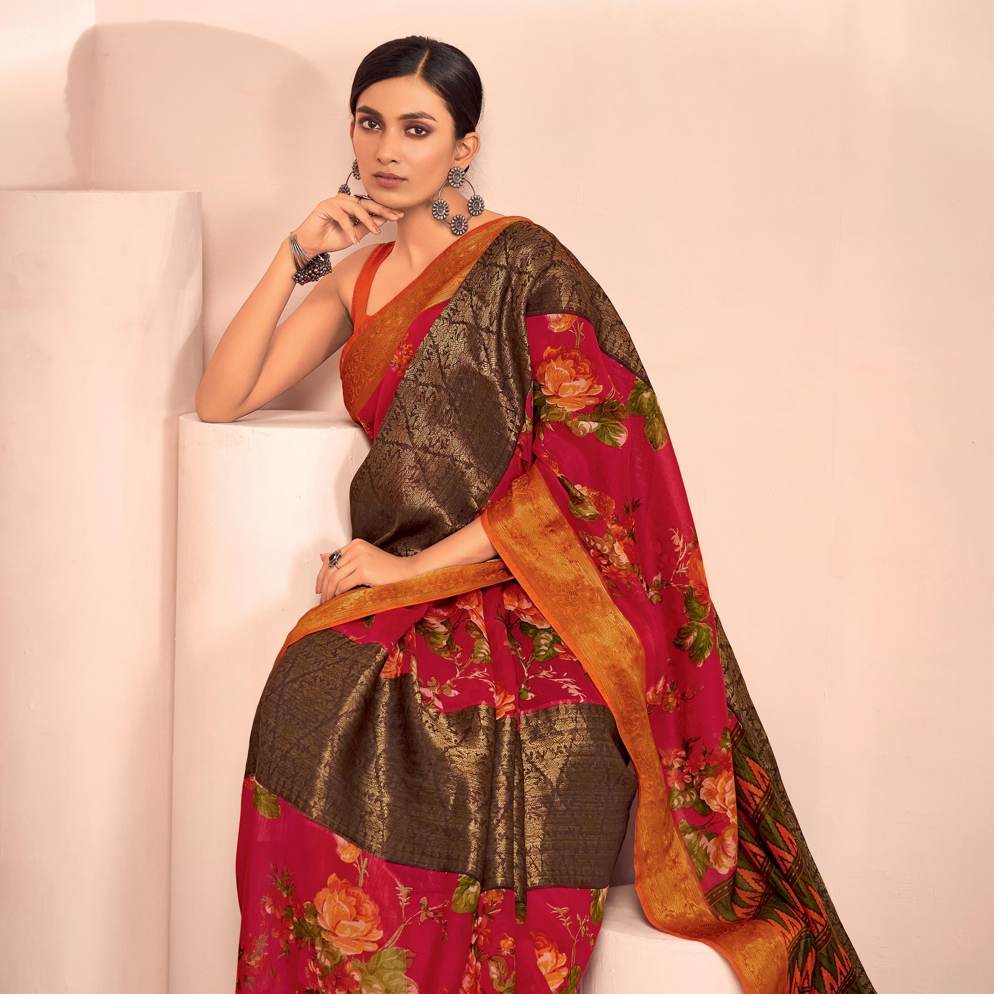 Pink Floral Printed With Woven Cotton Silk Saree