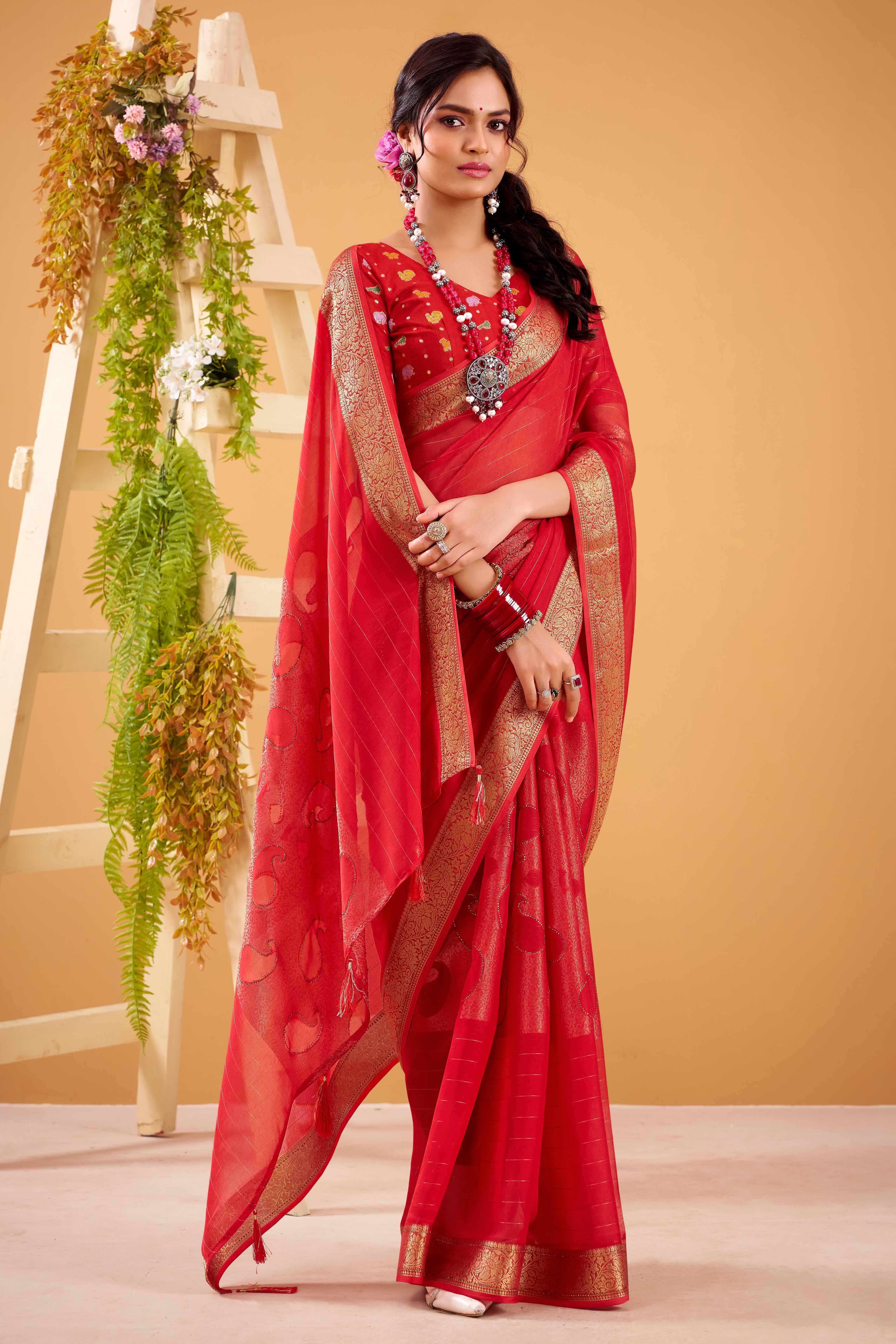 Red Jacquard Saree Featuring Swarovski Embellishments With Rich Paisley & Floral Weave