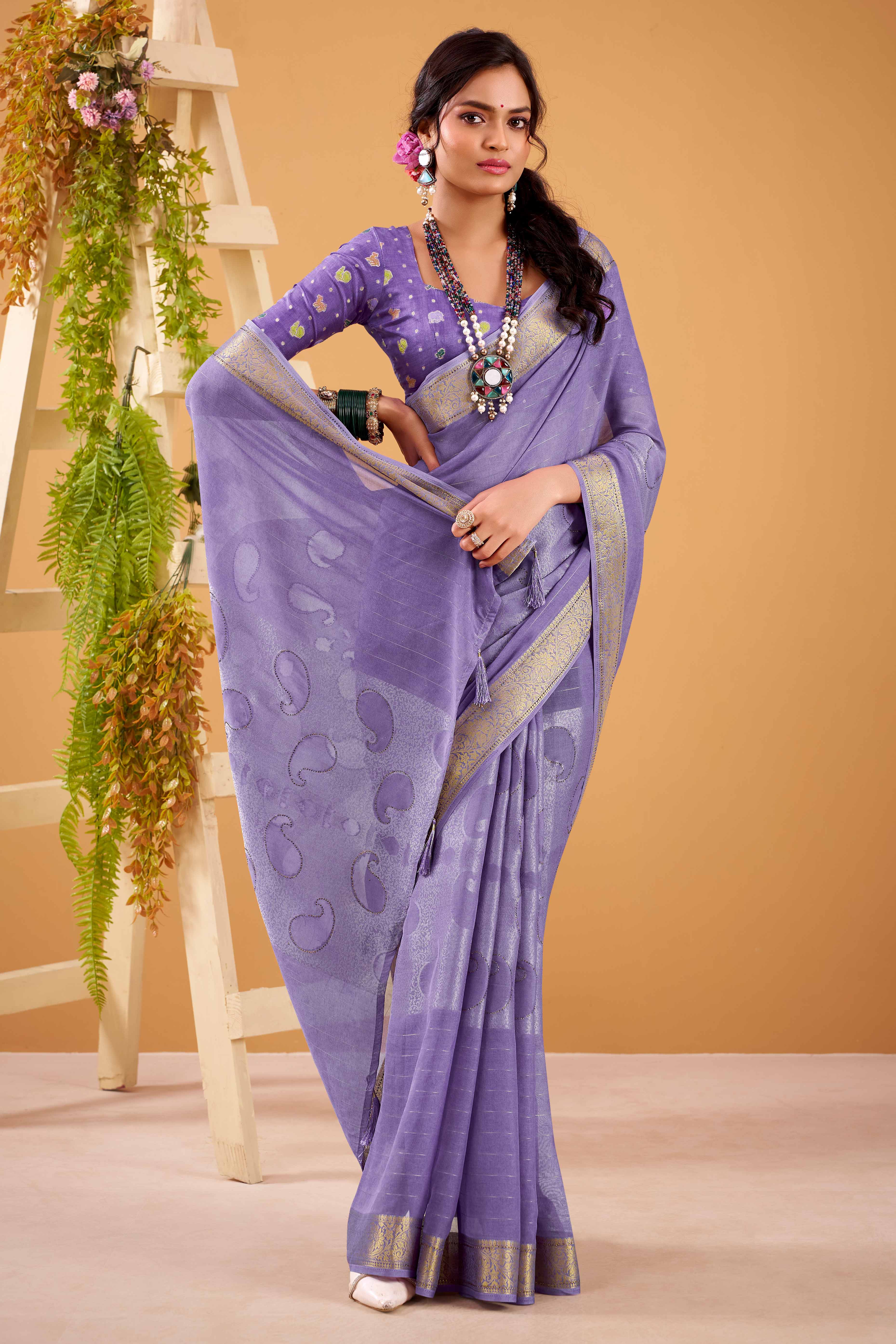 Lavender Jacquard Saree Featuring Swarovski Embellishments With Rich Paisley & Floral Weave