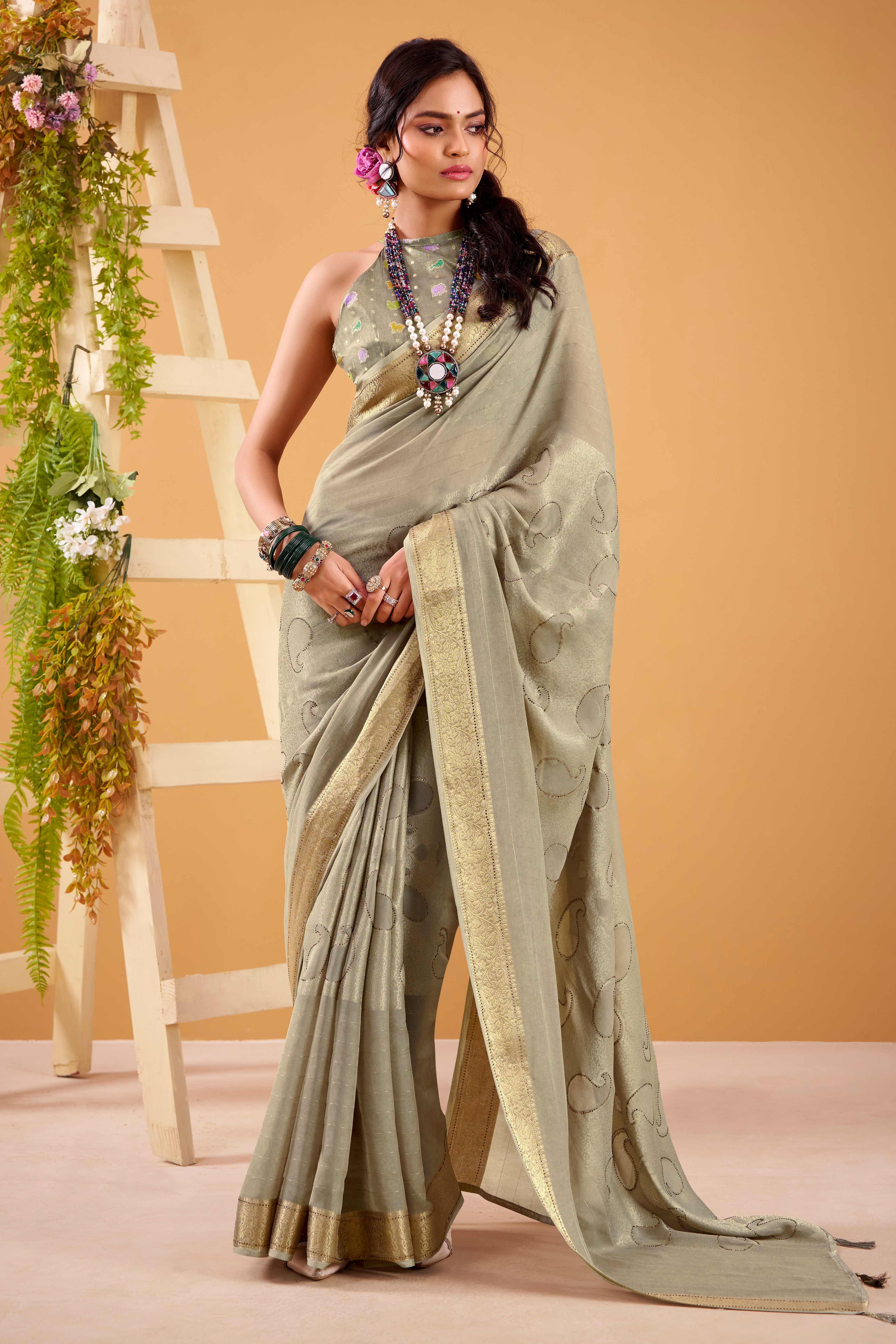 Grey Jacquard Saree Featuring Swarovski Embellishments With Rich Paisley & Floral Weave