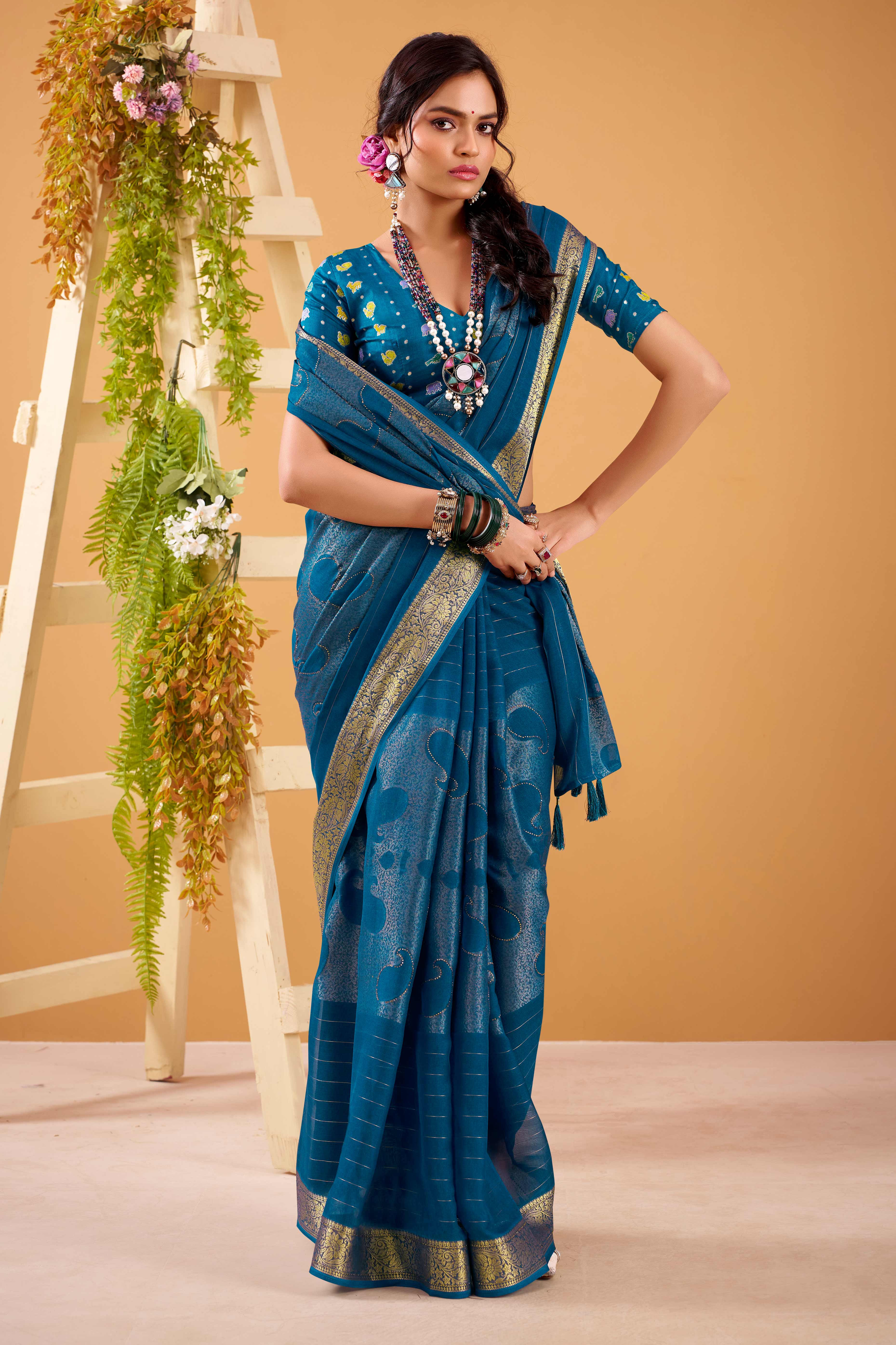 Blue Jacquard Saree Featuring Swarovski Embellishments With Rich Paisley & Floral Weave