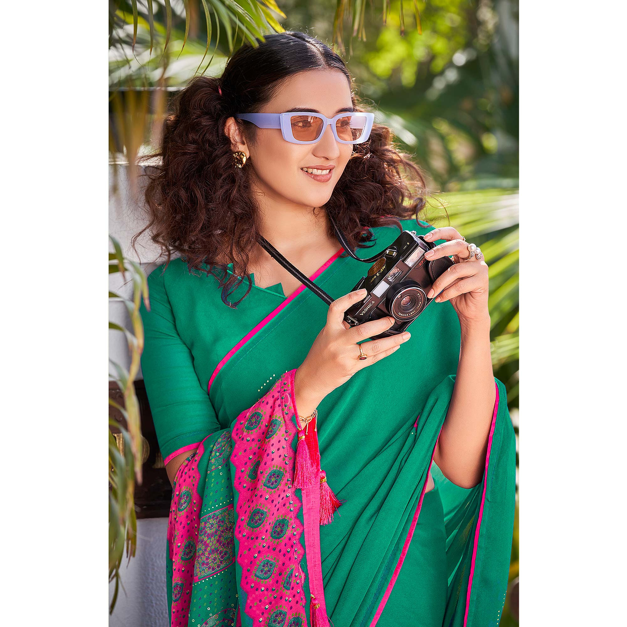 Rama Green Foil Printed Georgette Saree With Tassels