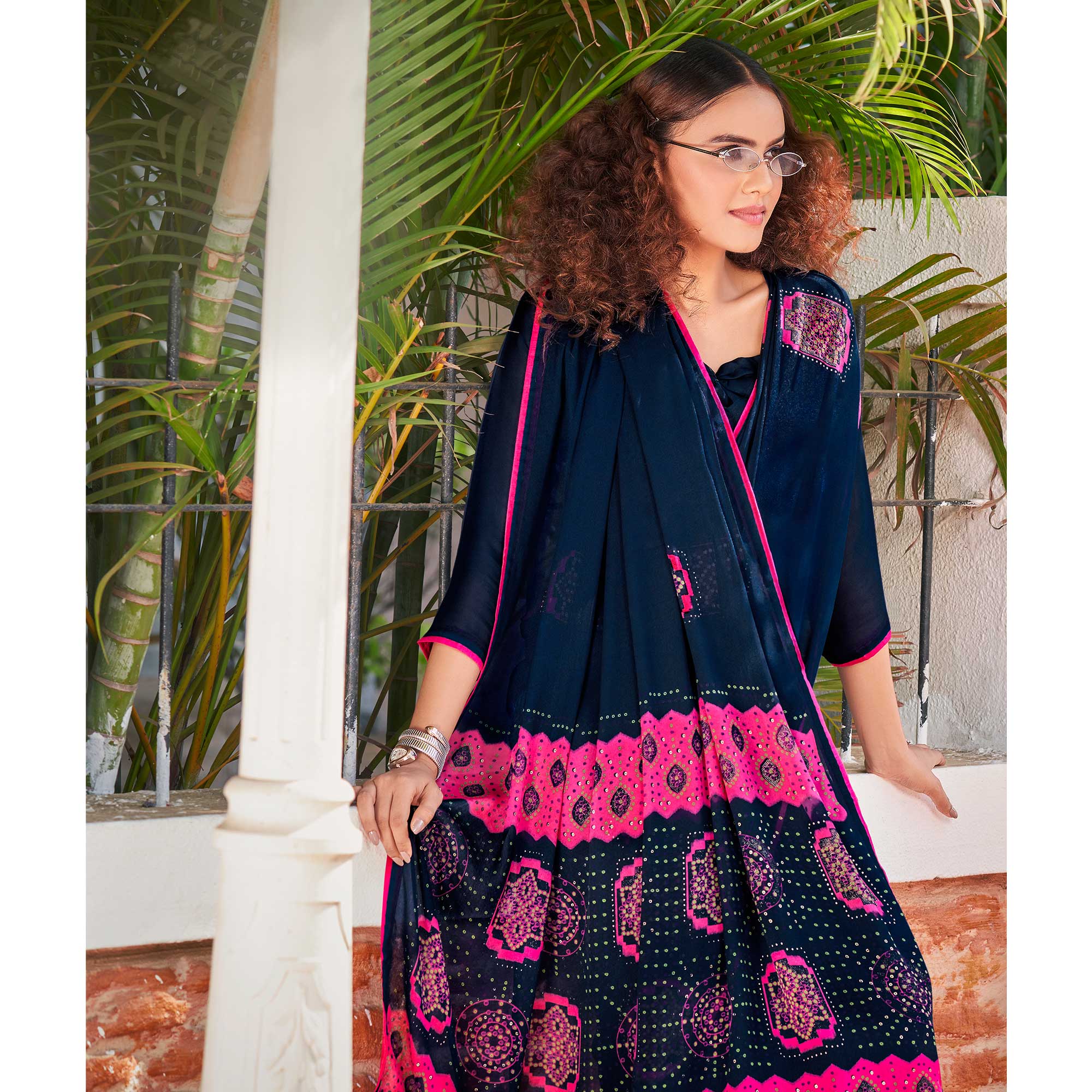 Blue Foil Printed Georgette Saree With Tassels