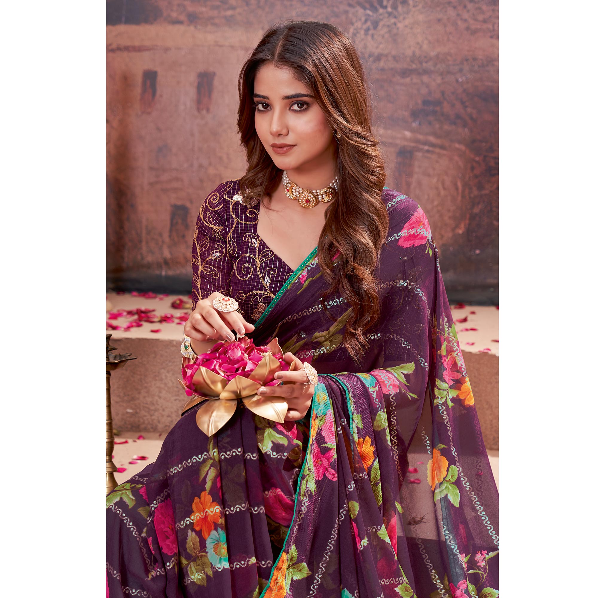 Purple Floral Foil Printed Georgette Saree