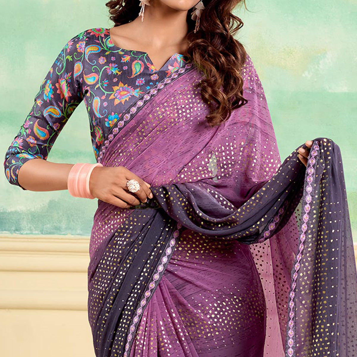 Purple Foil Printed With Sequin Georgette Saree