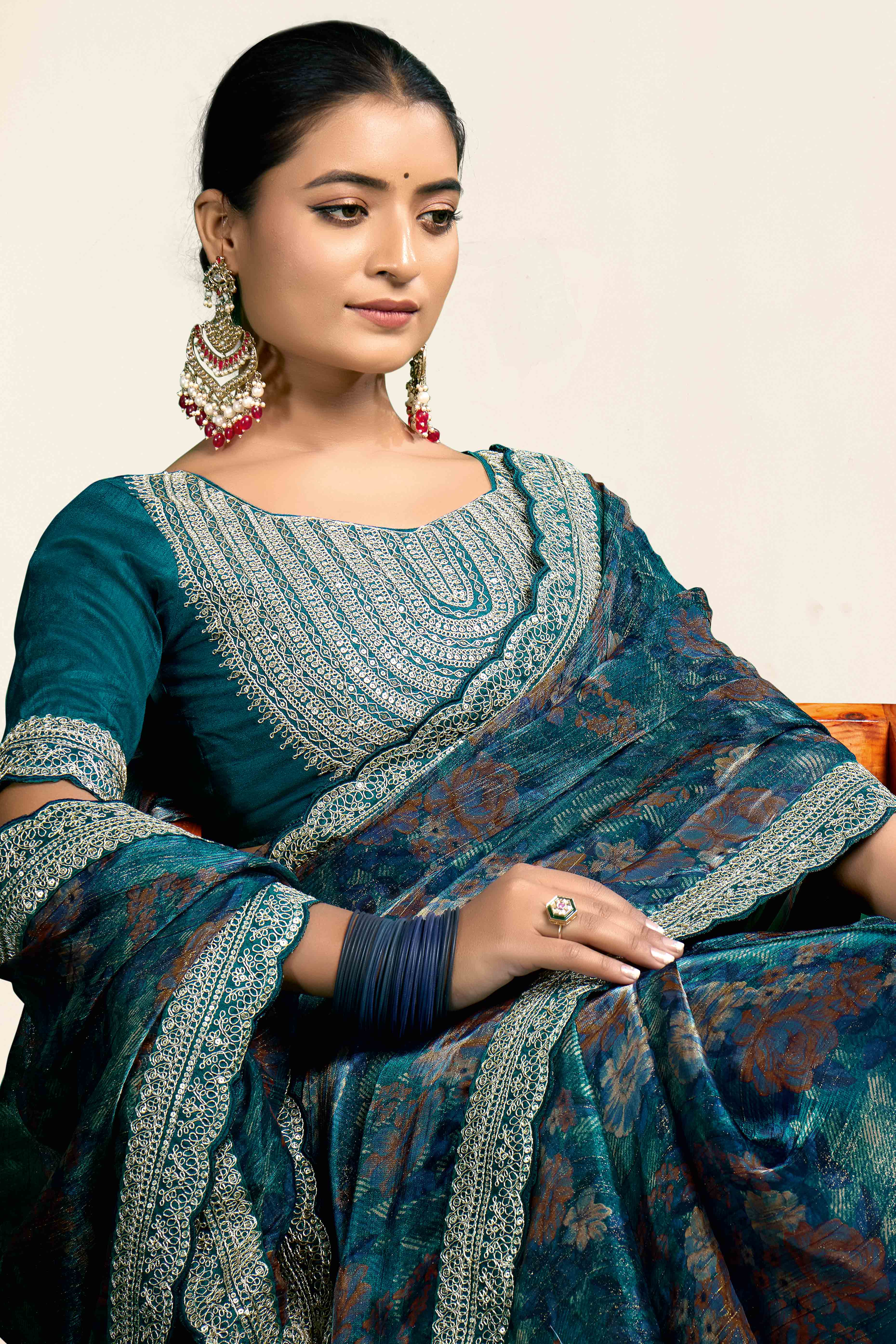 Teal Floral Printed Jimmy Choo Chiffon Saree With Embroidery On Border